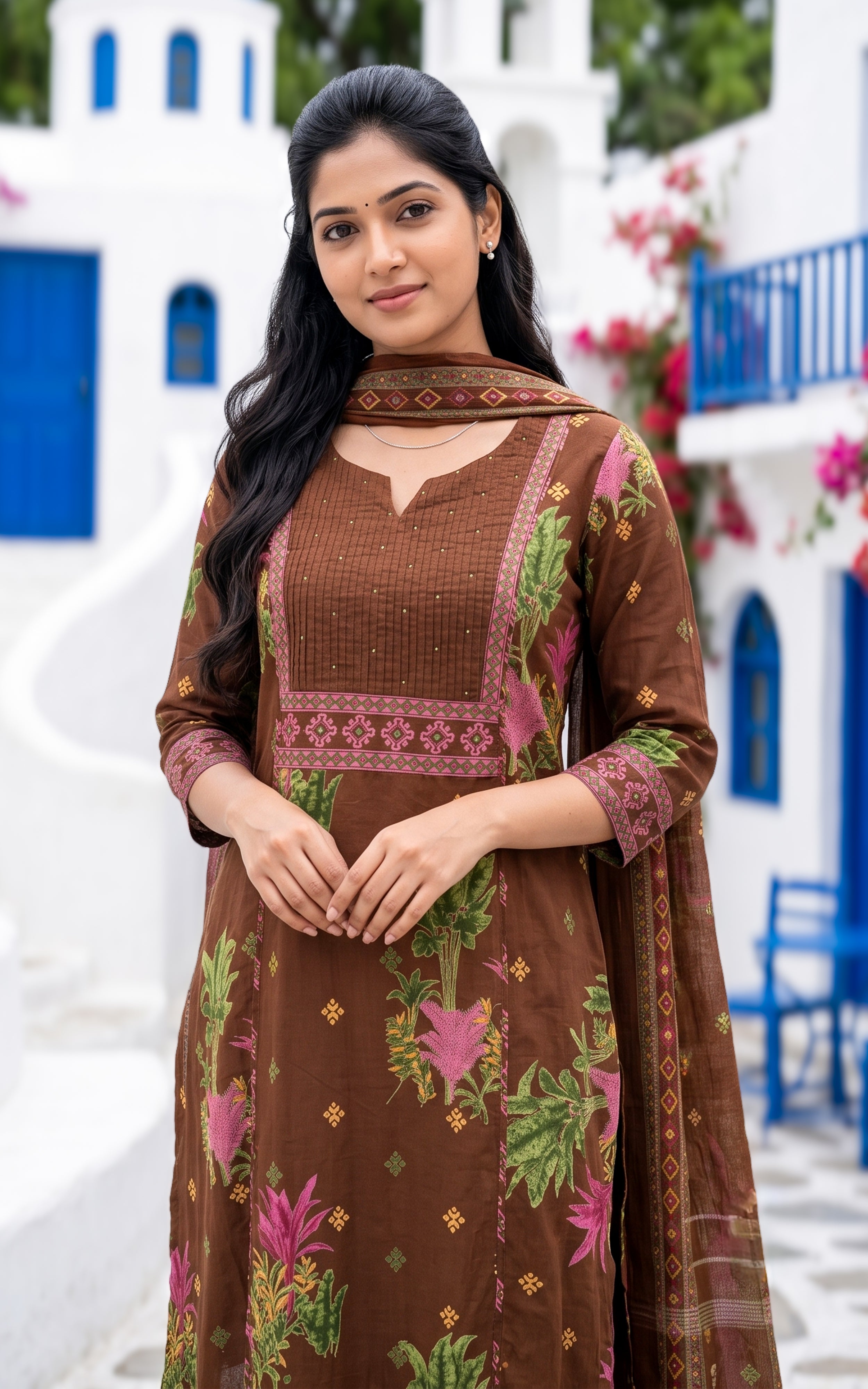 Brown Printed Cotton Office Wear Kurti Set for Women