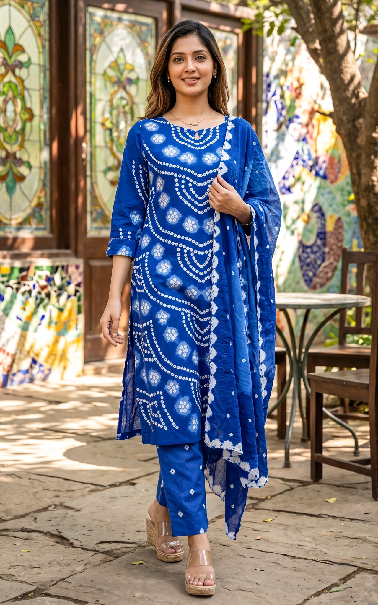 Royal Blue Cotton Bandhani Kurti Set for Women