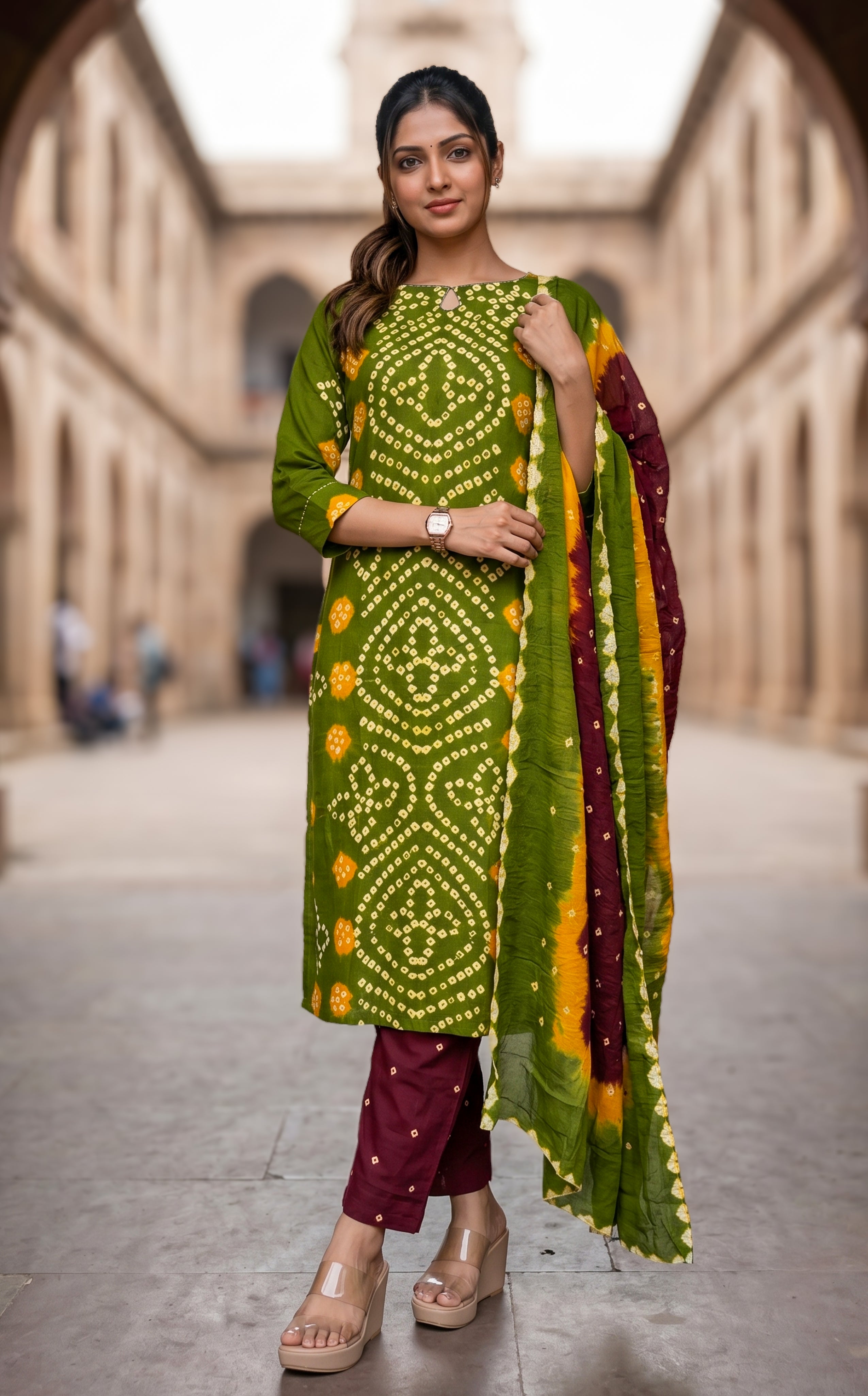 Mehandi green ethnic cotton kurti set