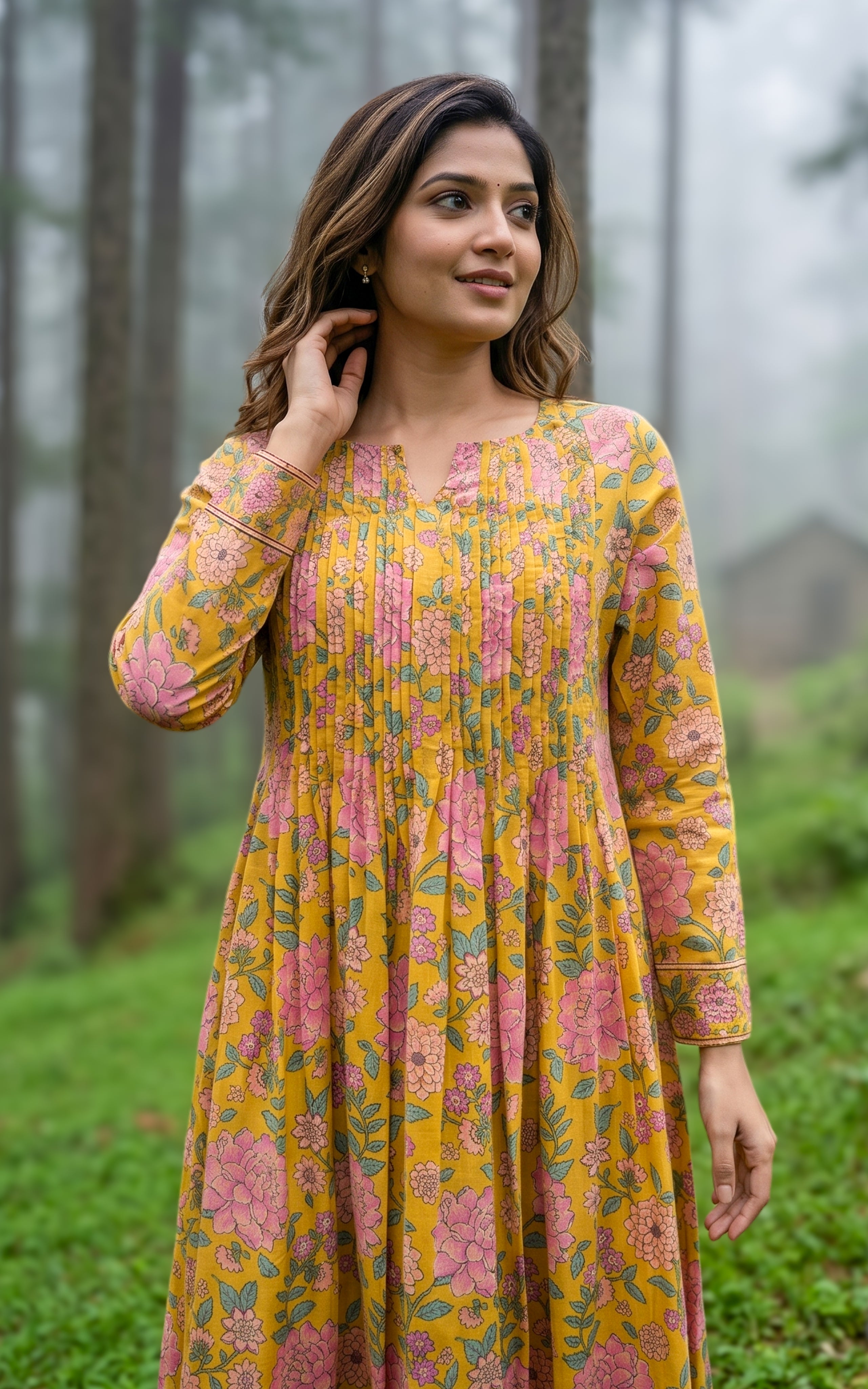 Mustard cotton flared long kurti for women