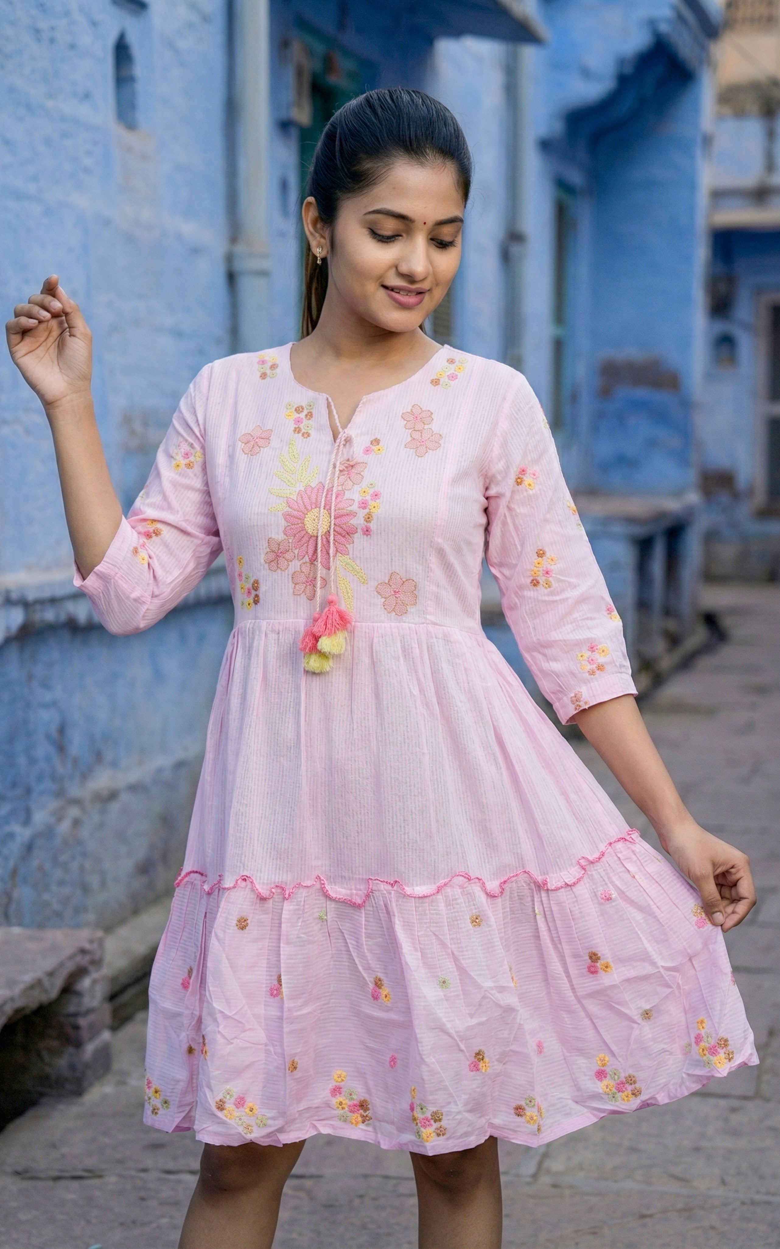 Pink Floral Embroidered Tiered Short Top with Tassel Tie-Up