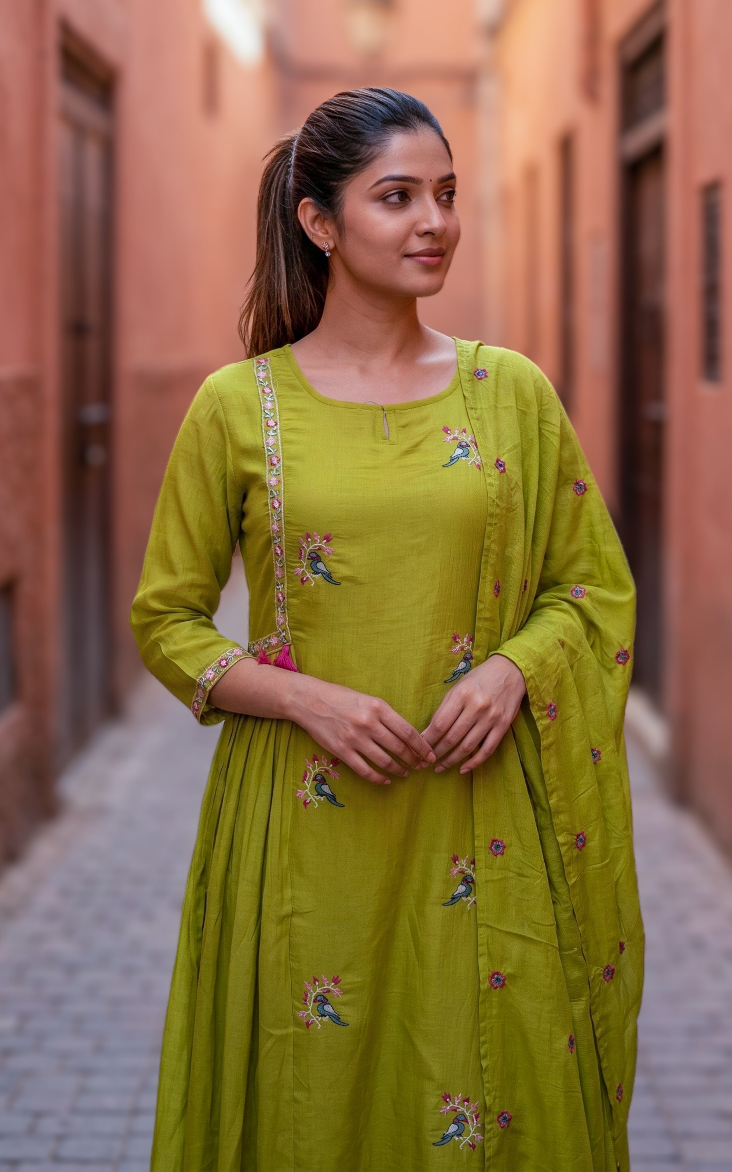 Kili Mozhi Lime Green (Kurti+Dupatta)