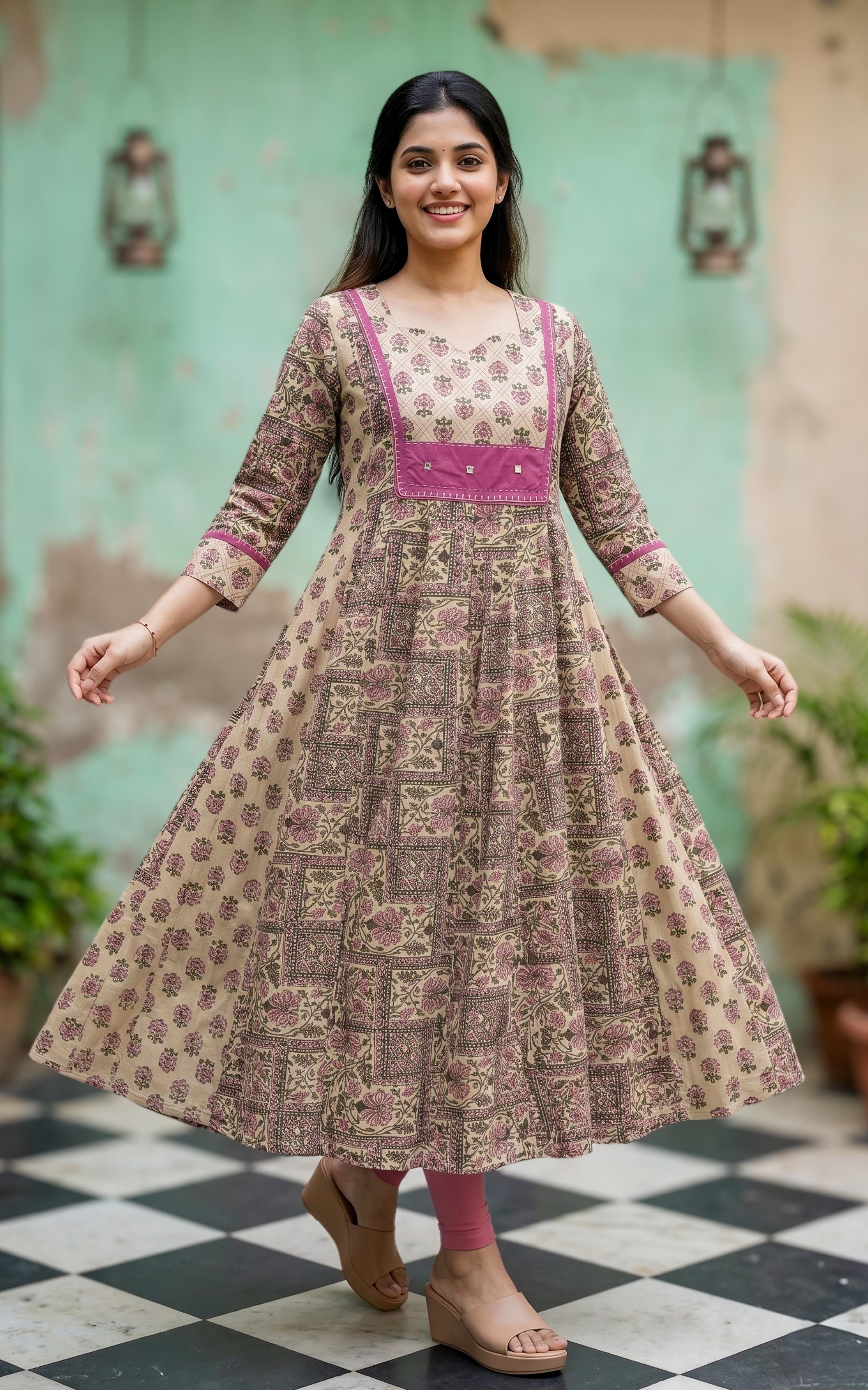 Pink and beige printed cotton Anarkali kurti for women