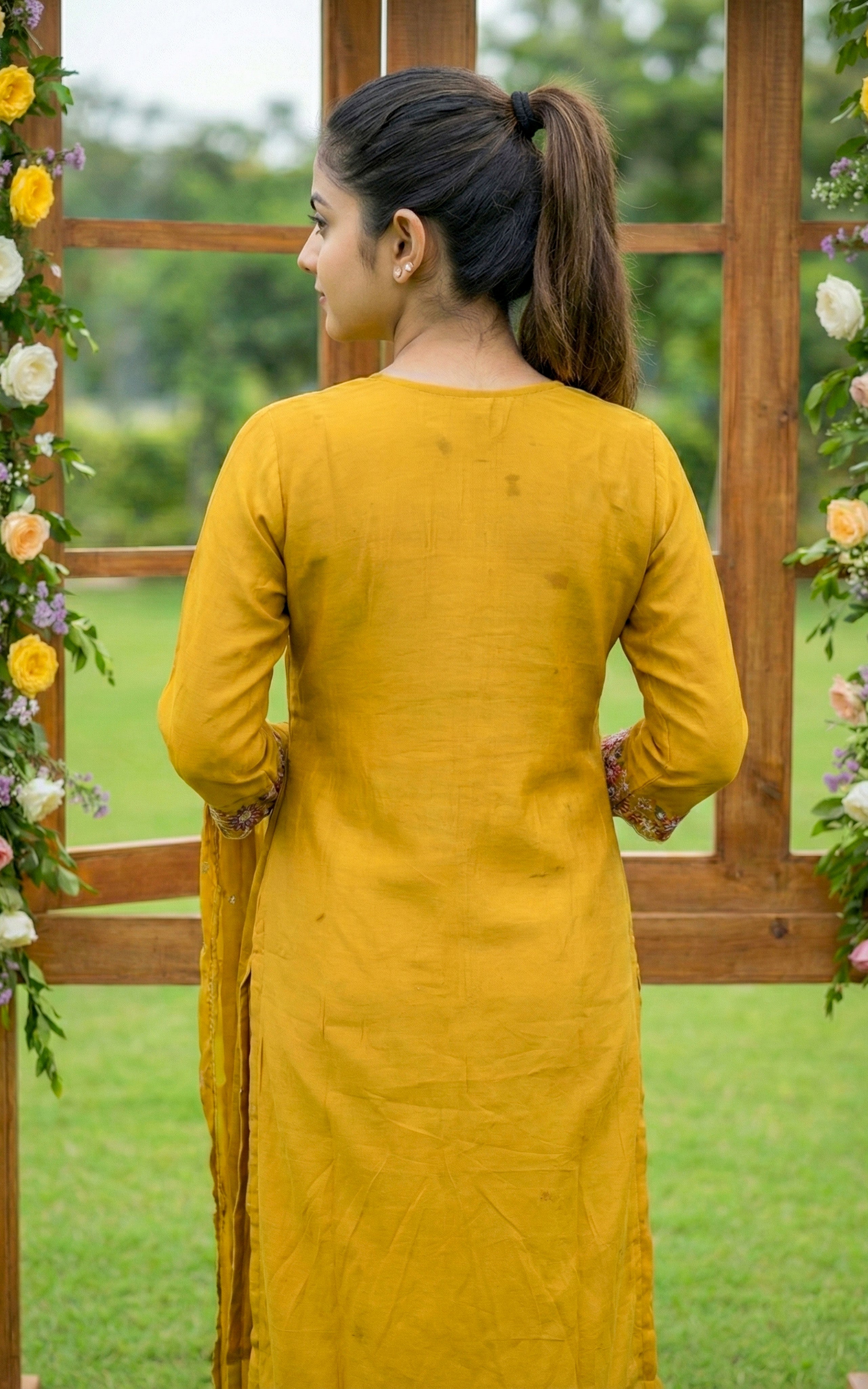 Instore - Mustard art silk straight cut kurti with floral embroidery & matching embroidered dupatta set