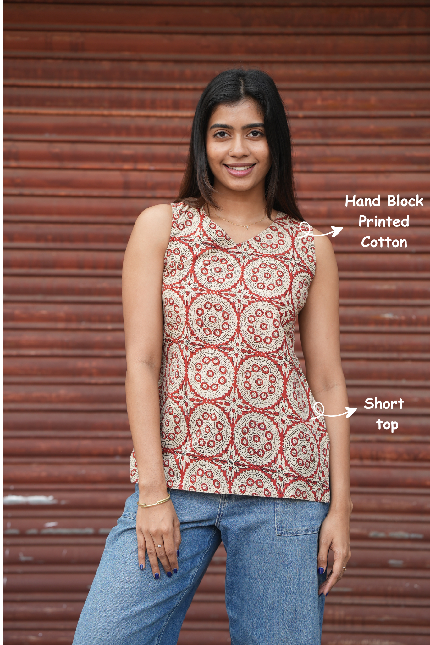 Maroon cotton ethnic short top with hand block print.
