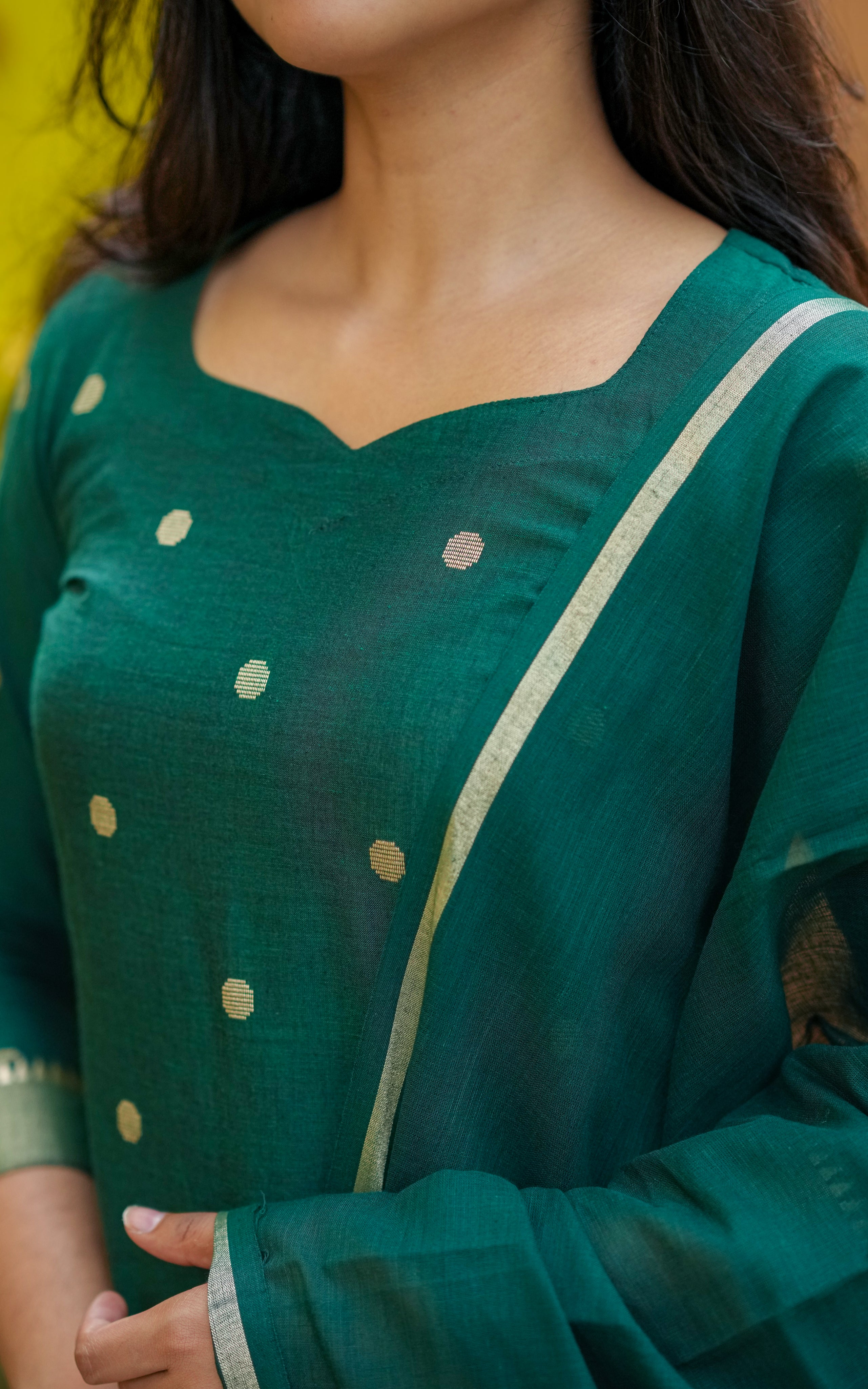 Instore – Bottle Green Nool Izhai Kurti with Dupatta for Women – South Cotton – Indian Ethnic Wear