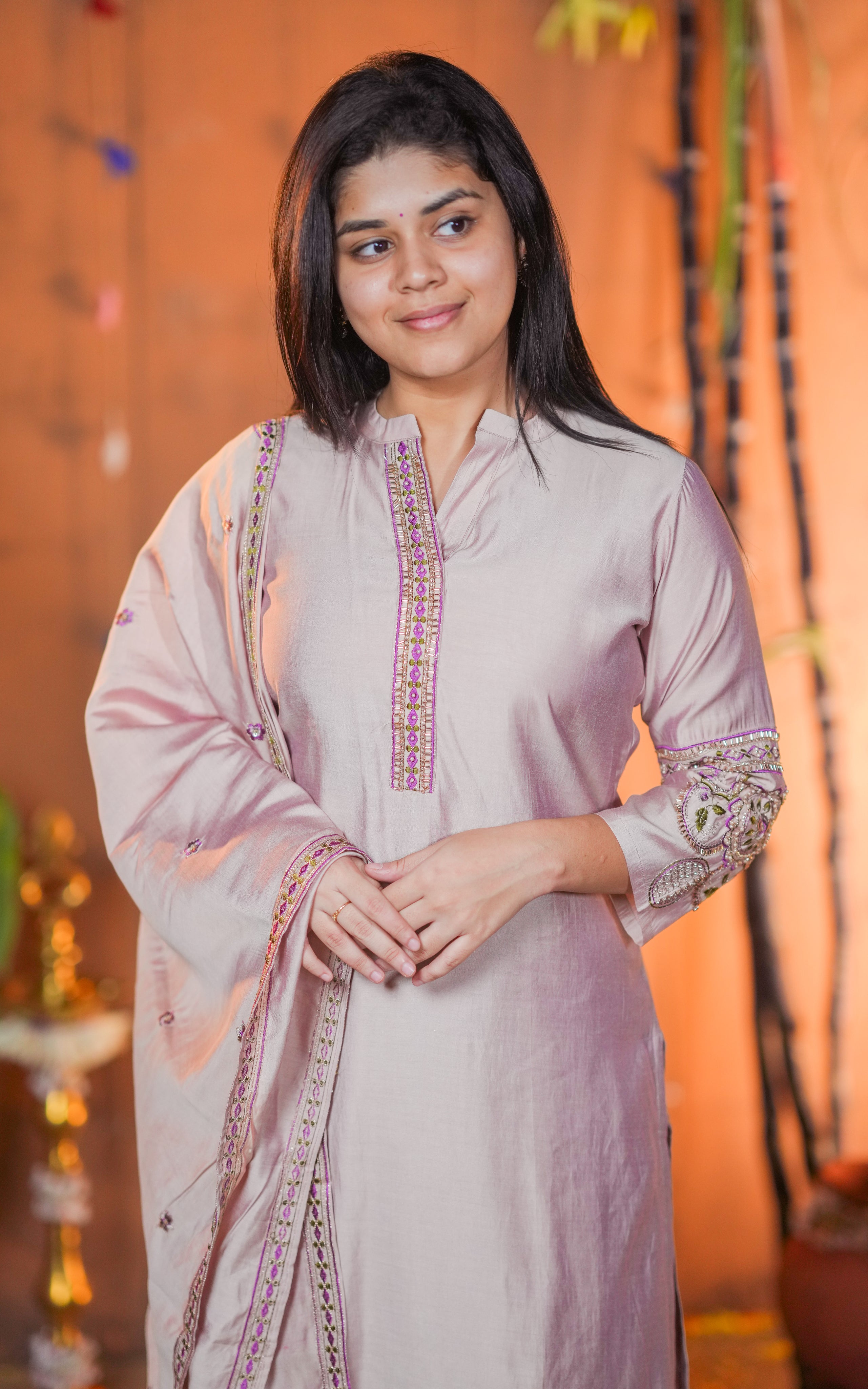 Instore - Onion Pink Color Art Silk Beads Embroidered Straight Cut Kurti with Pant with Double Side Pockets & Matching Dupatta