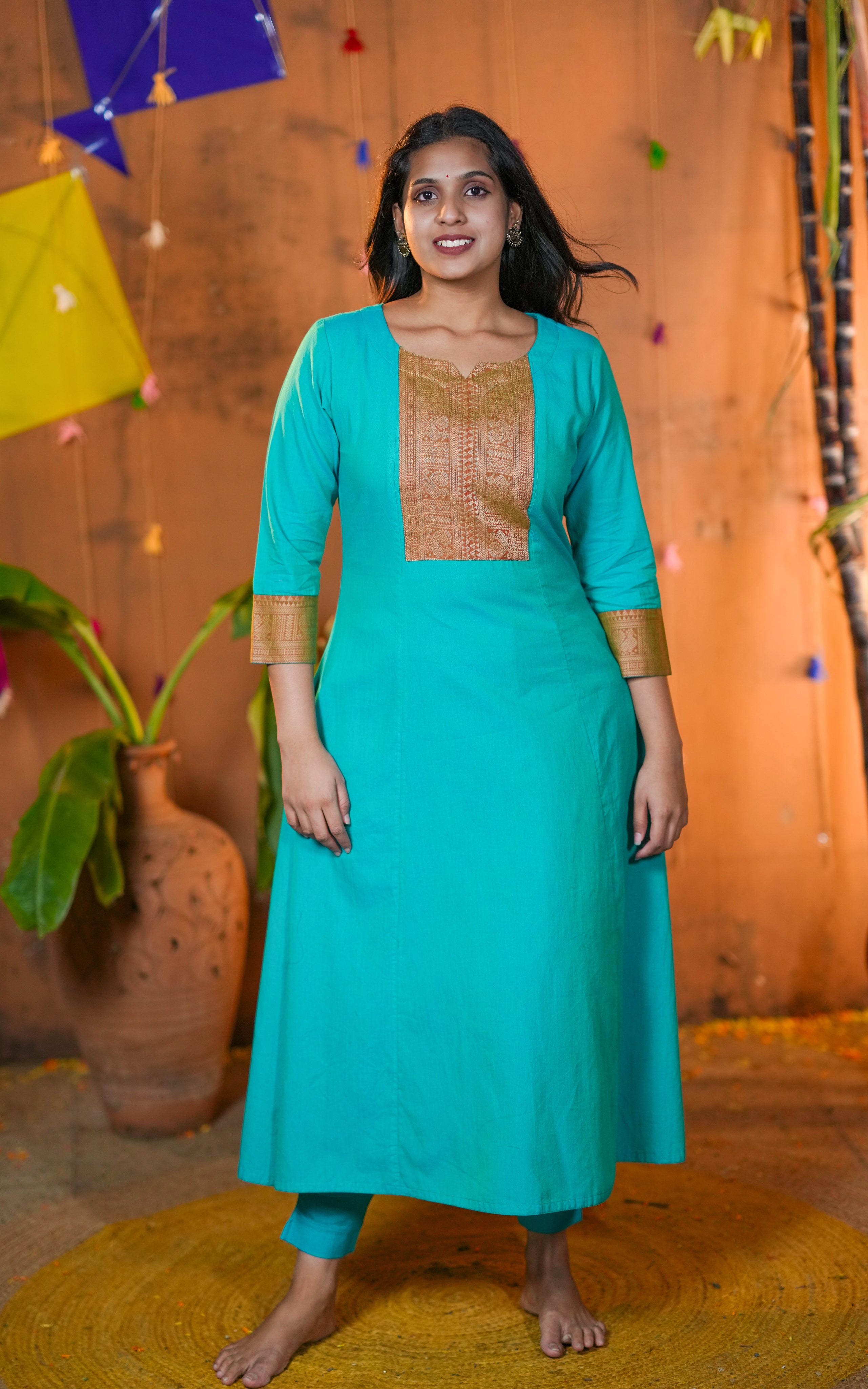 Instore - Aqua Green Cotton A-line Kurti with Side Slit and No Lining