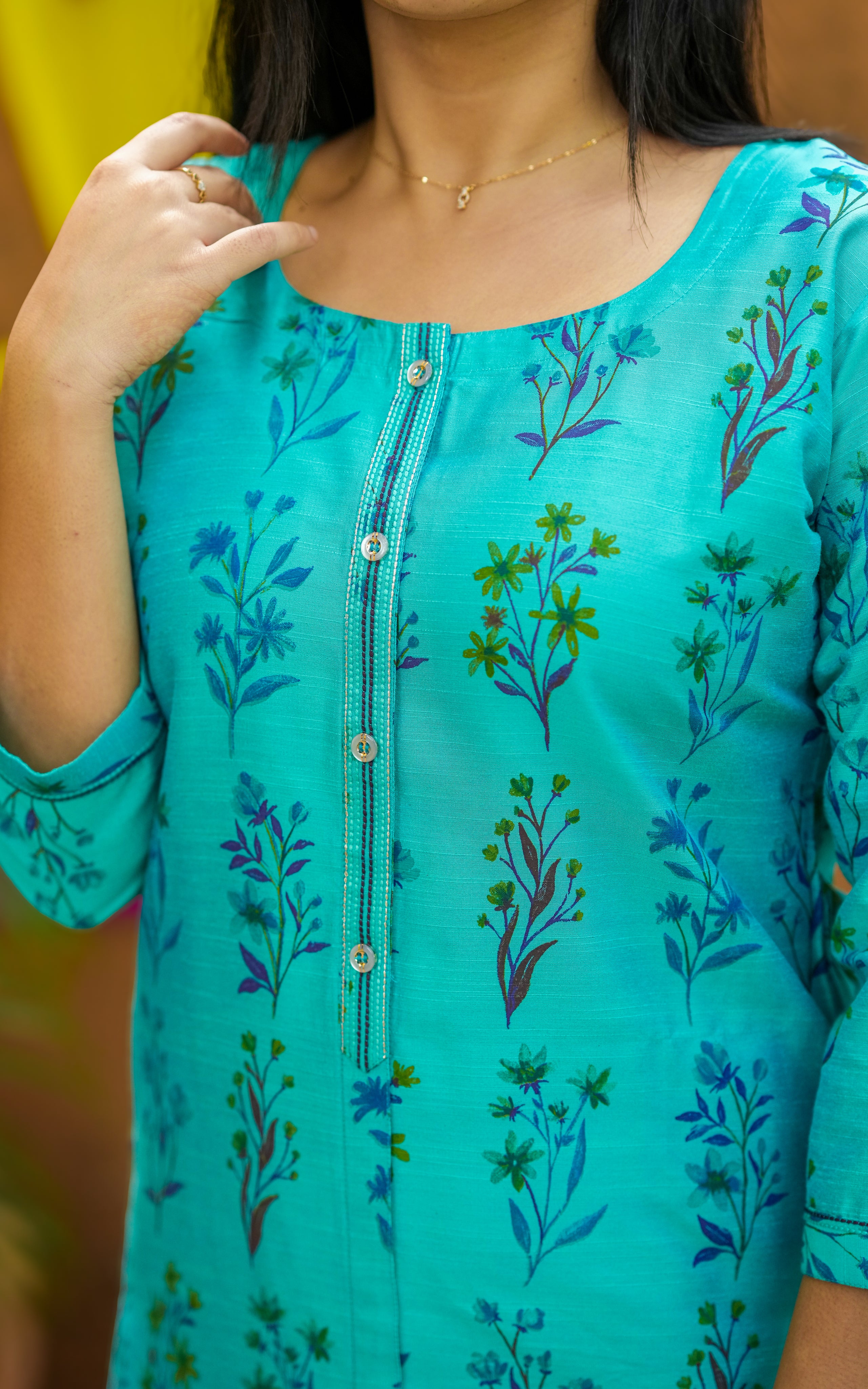 Instore - Aqua Color Silk Cotton Straight Cut Kurti with Front & Side Slits and Side Pocket and No Lining