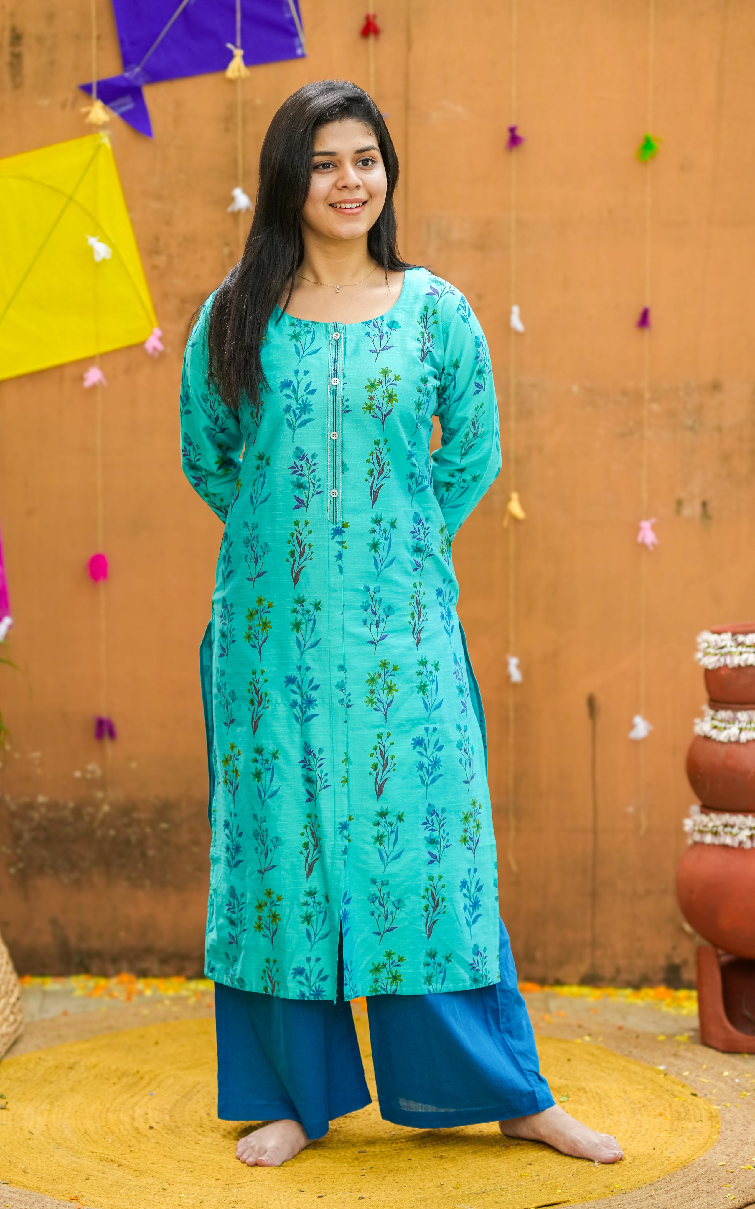 Instore - Aqua Color Silk Cotton Straight Cut Kurti with Front & Side Slits and Side Pocket and No Lining