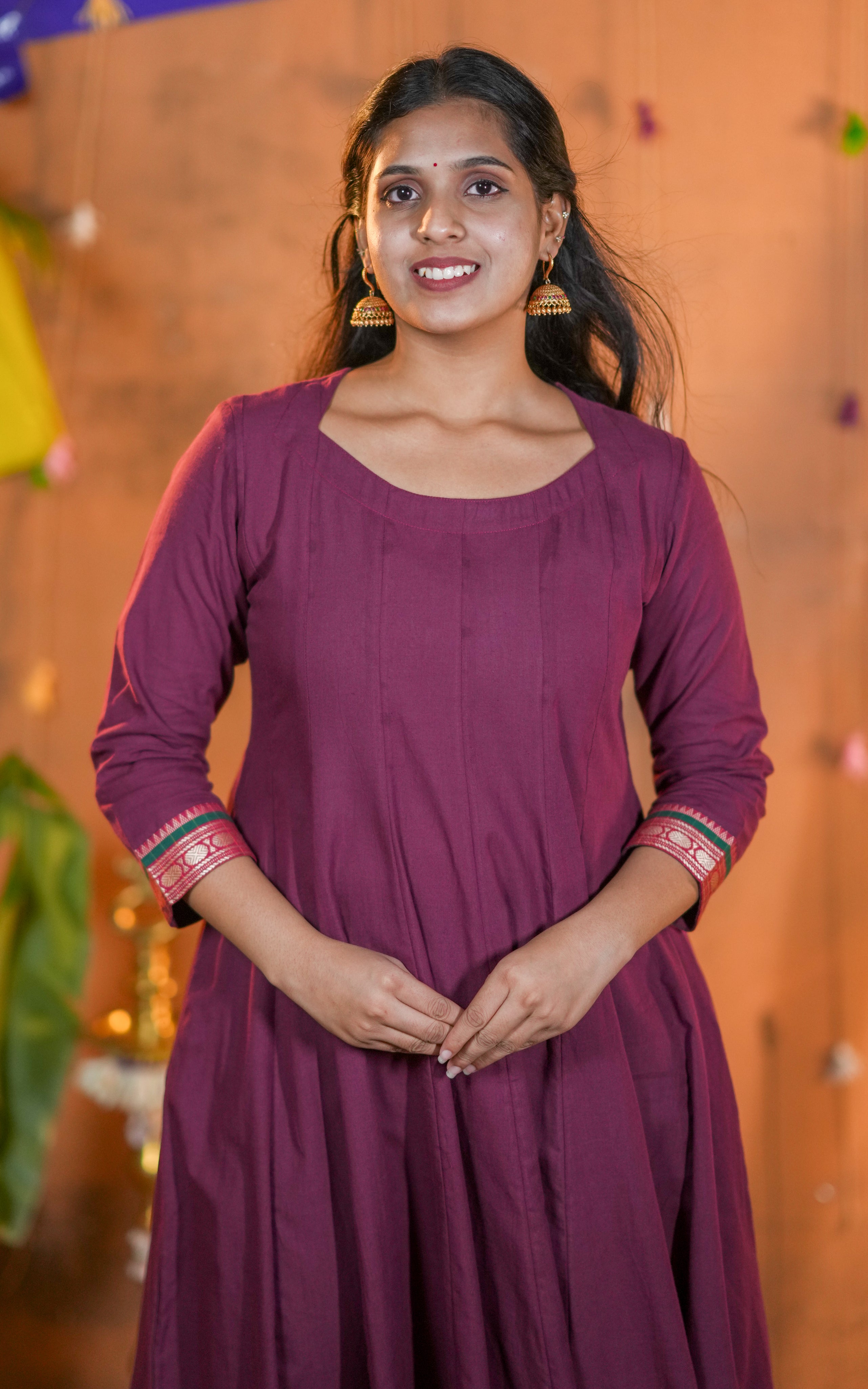 Instore-South Cotton Plum Full Flared Anarkali with One Side Pocket & One side Pocket & Dupatta