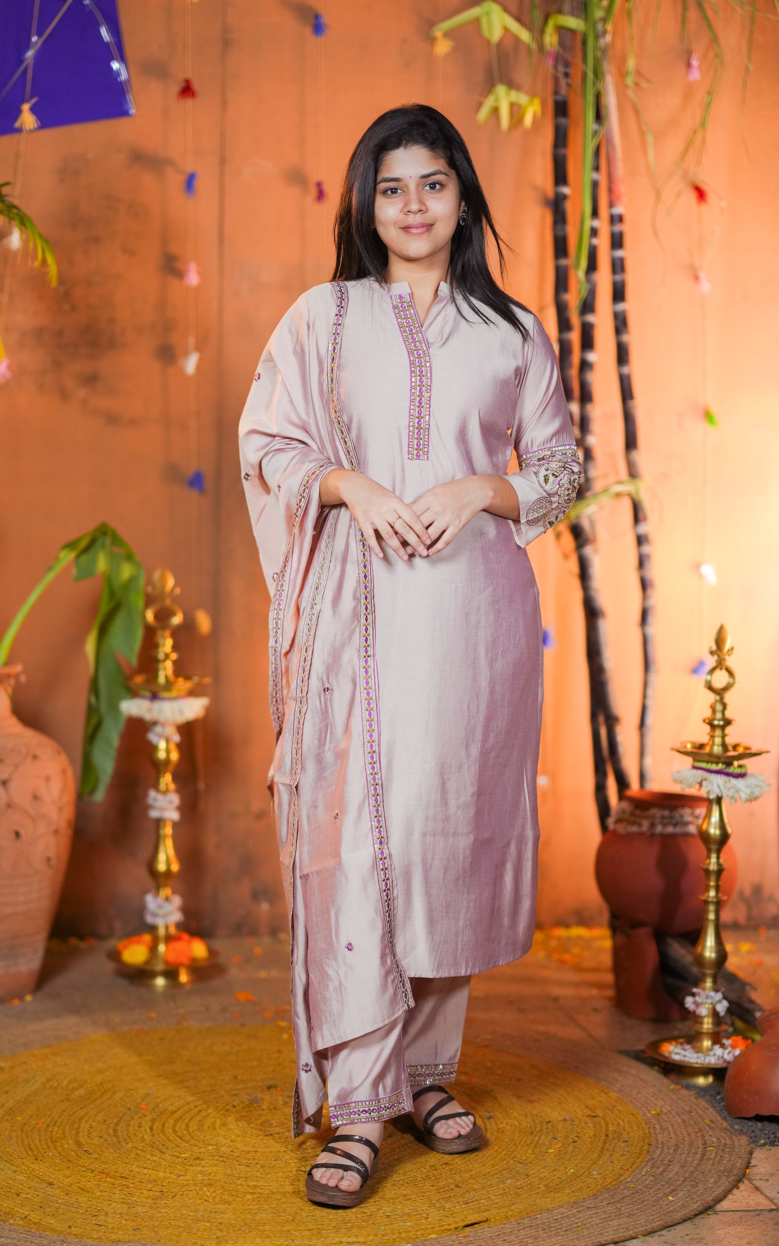 Instore - Onion Pink Color Art Silk Beads Embroidered Straight Cut Kurti with Pant with Double Side Pockets & Matching Dupatta