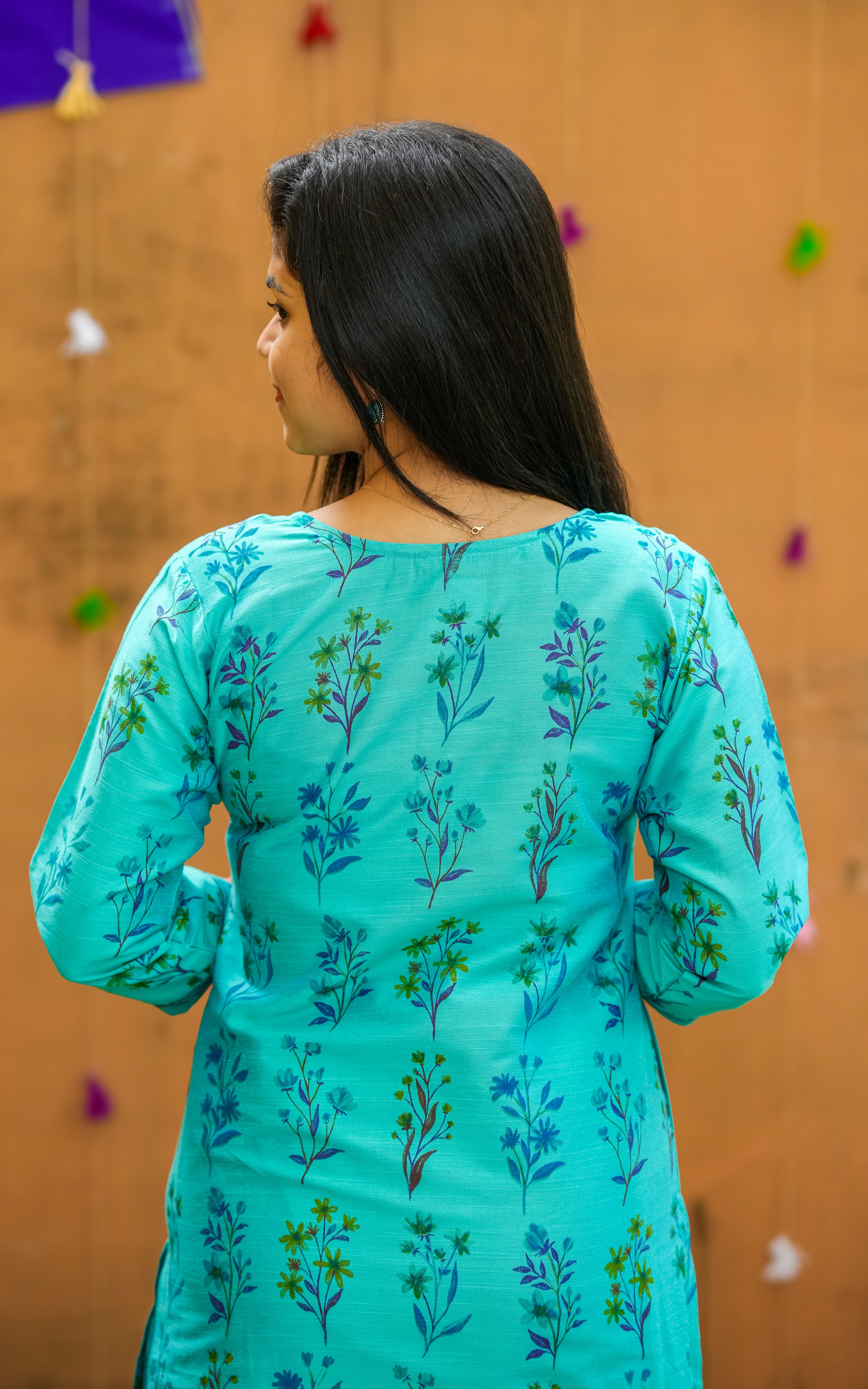 Instore - Aqua Color Silk Cotton Straight Cut Kurti with Front & Side Slits and Side Pocket and No Lining