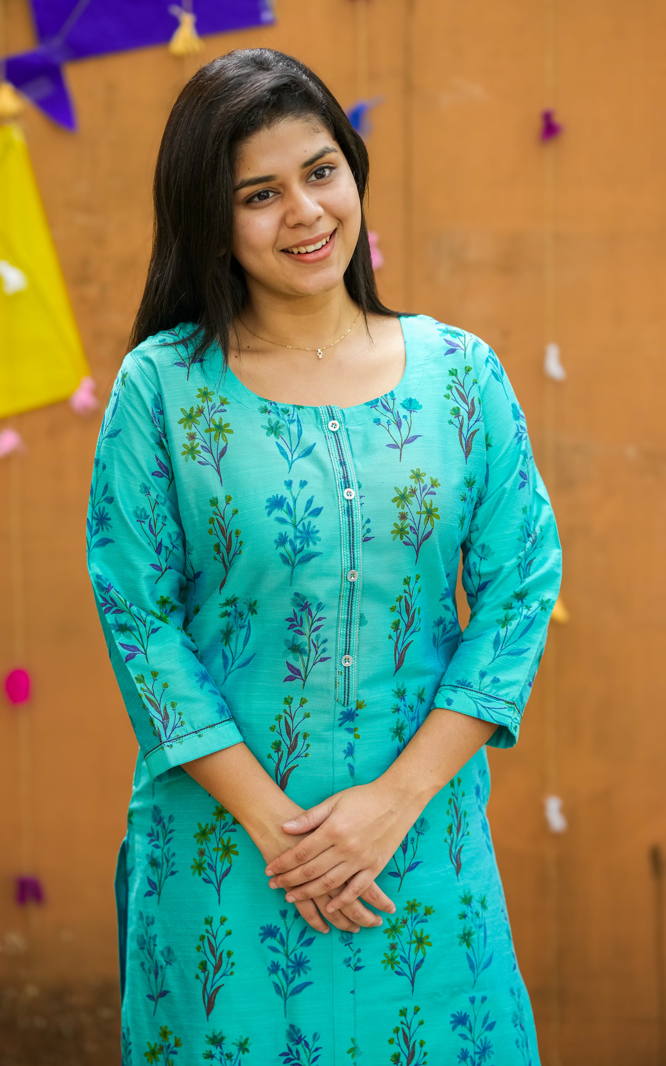 Instore - Aqua Color Silk Cotton Straight Cut Kurti with Front & Side Slits and Side Pocket and No Lining