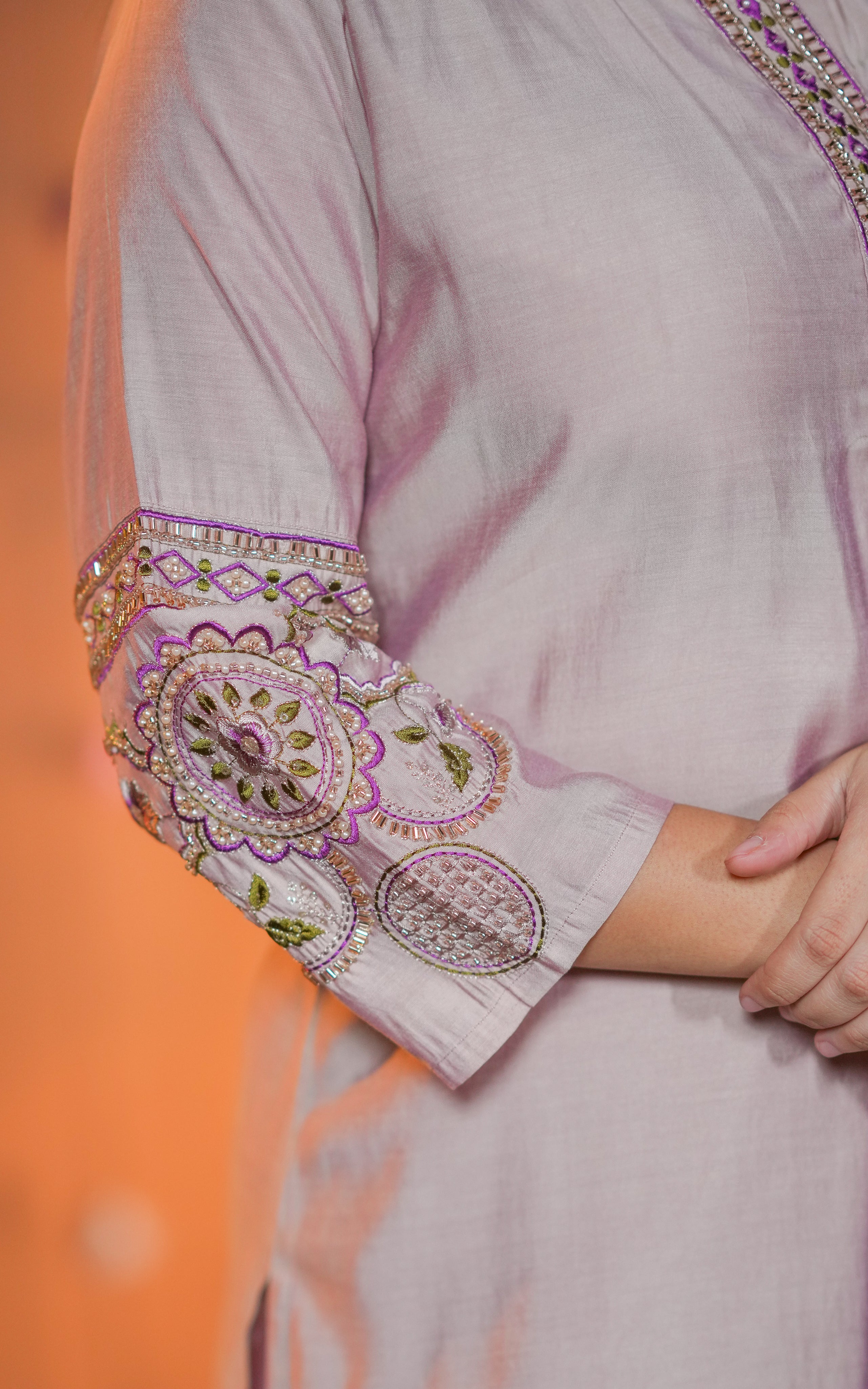 Instore - Onion Pink Color Art Silk Beads Embroidered Straight Cut Kurti with Pant with Double Side Pockets & Matching Dupatta