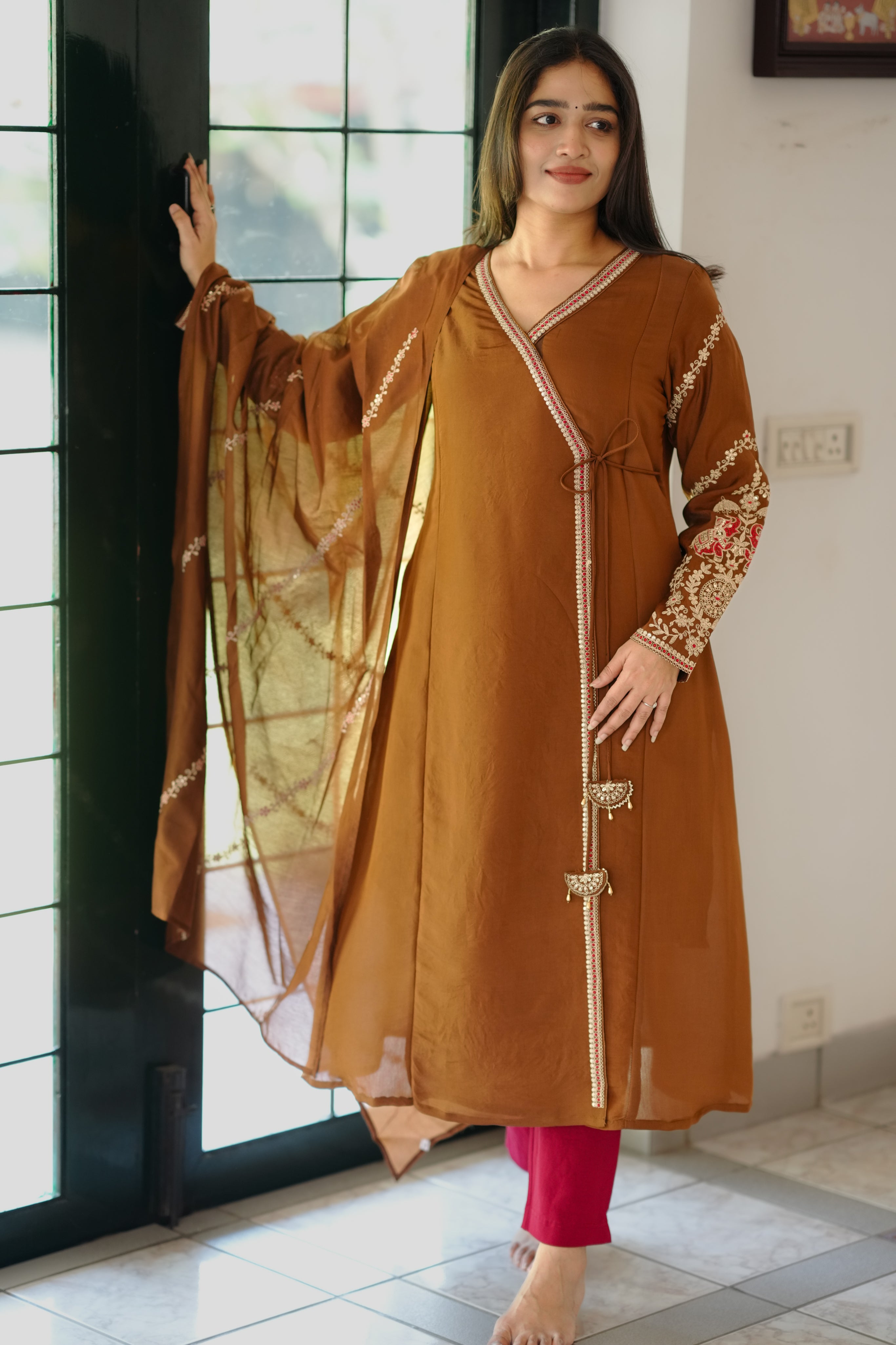 Brown art silk angrakha kurti for women