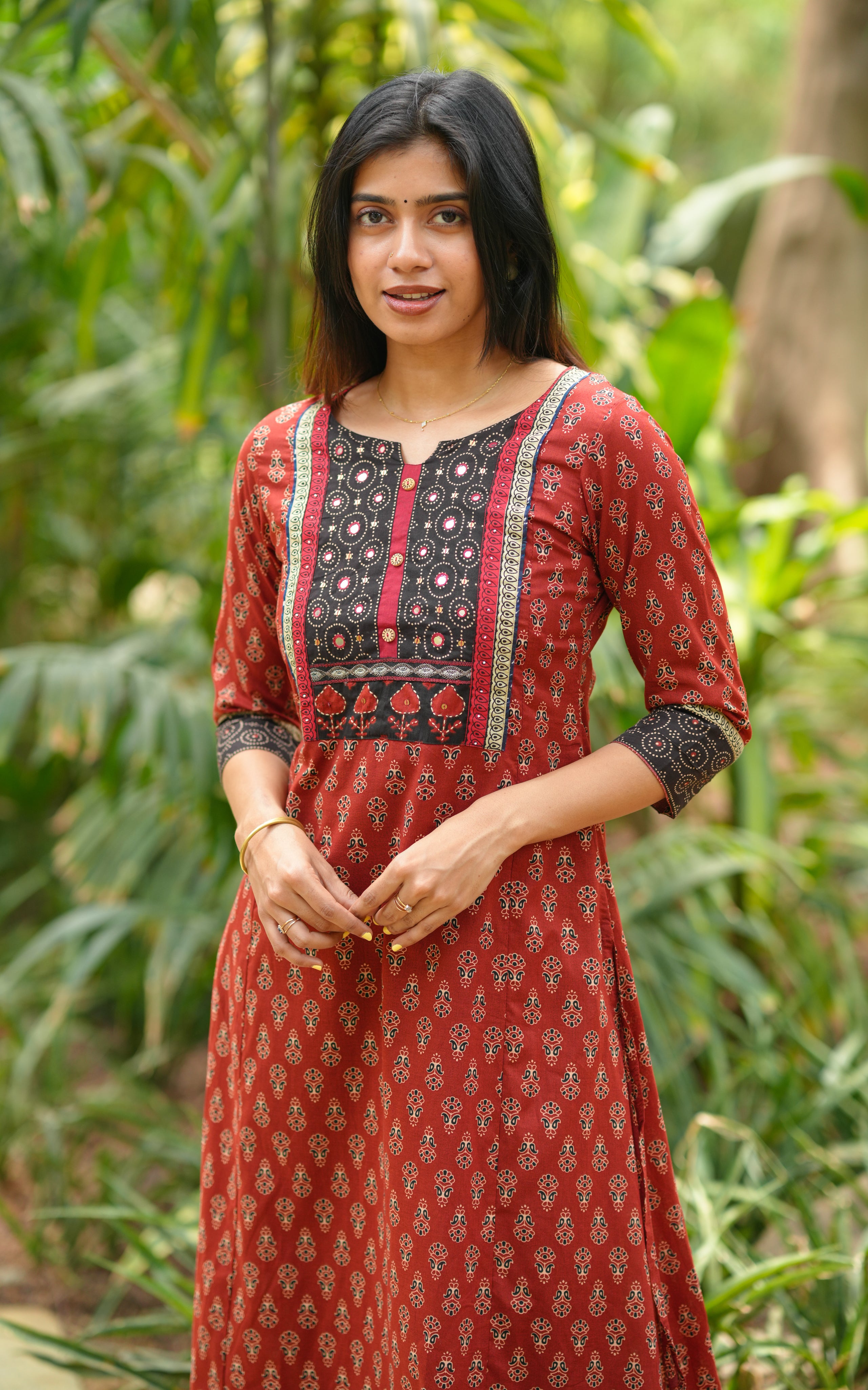 Printed cotton kurti with decorative yoke for women
