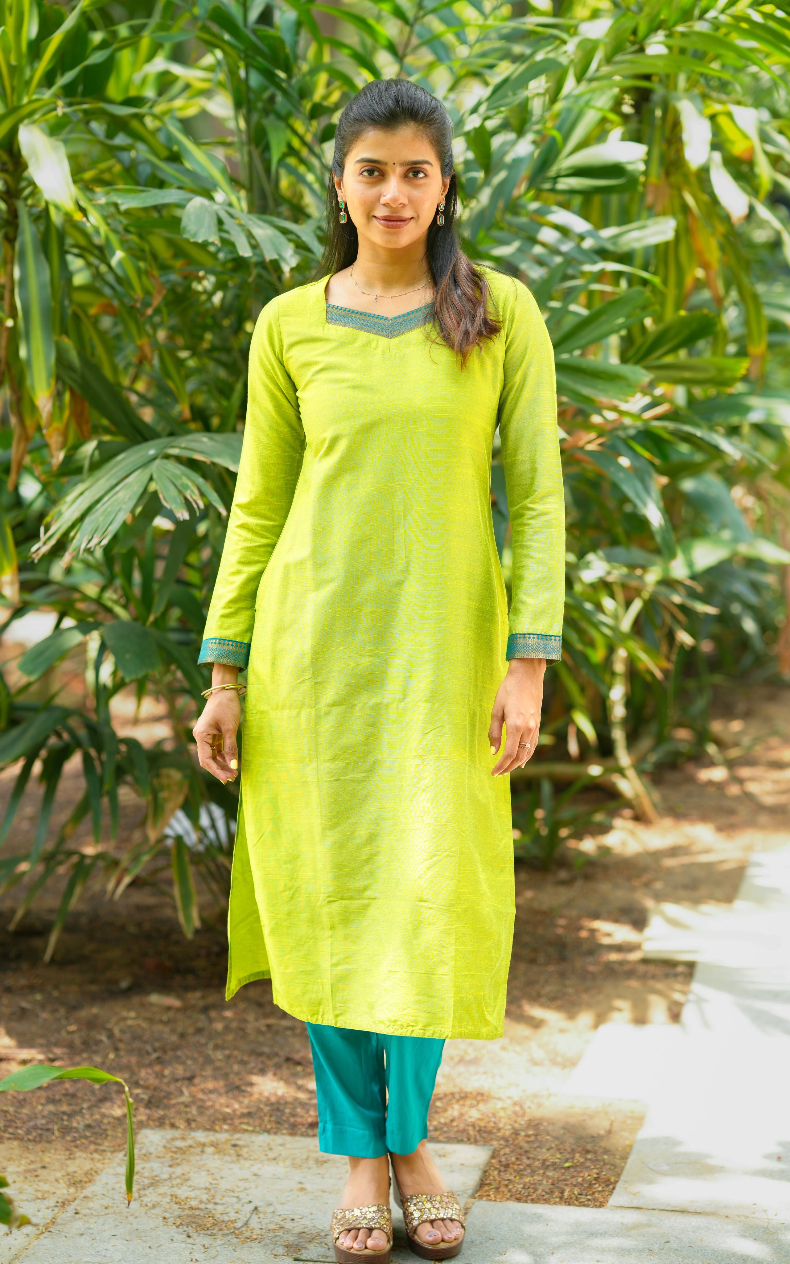 Parrot green silk cotton kurti for women