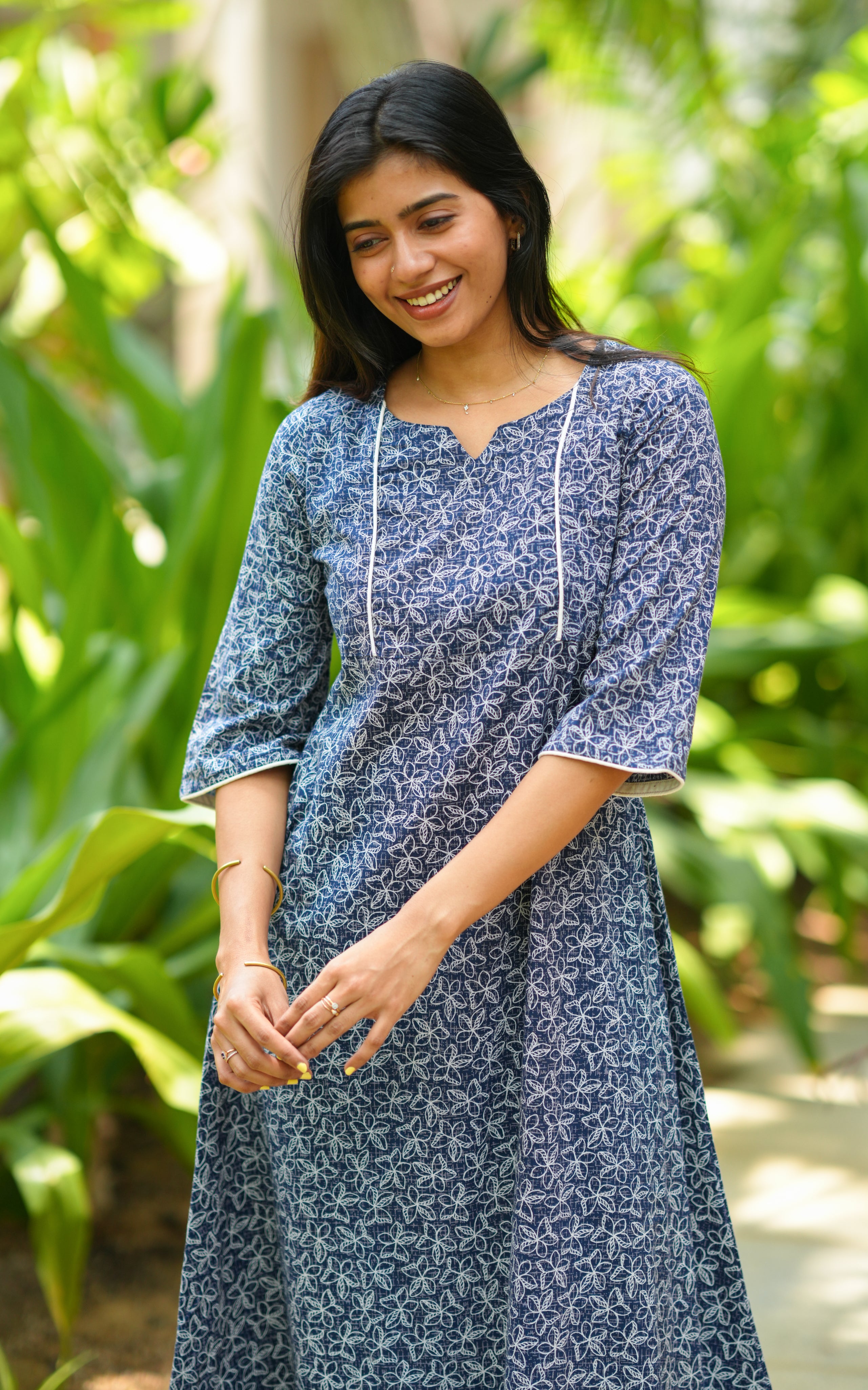 Navy blue printed cotton kurti for women