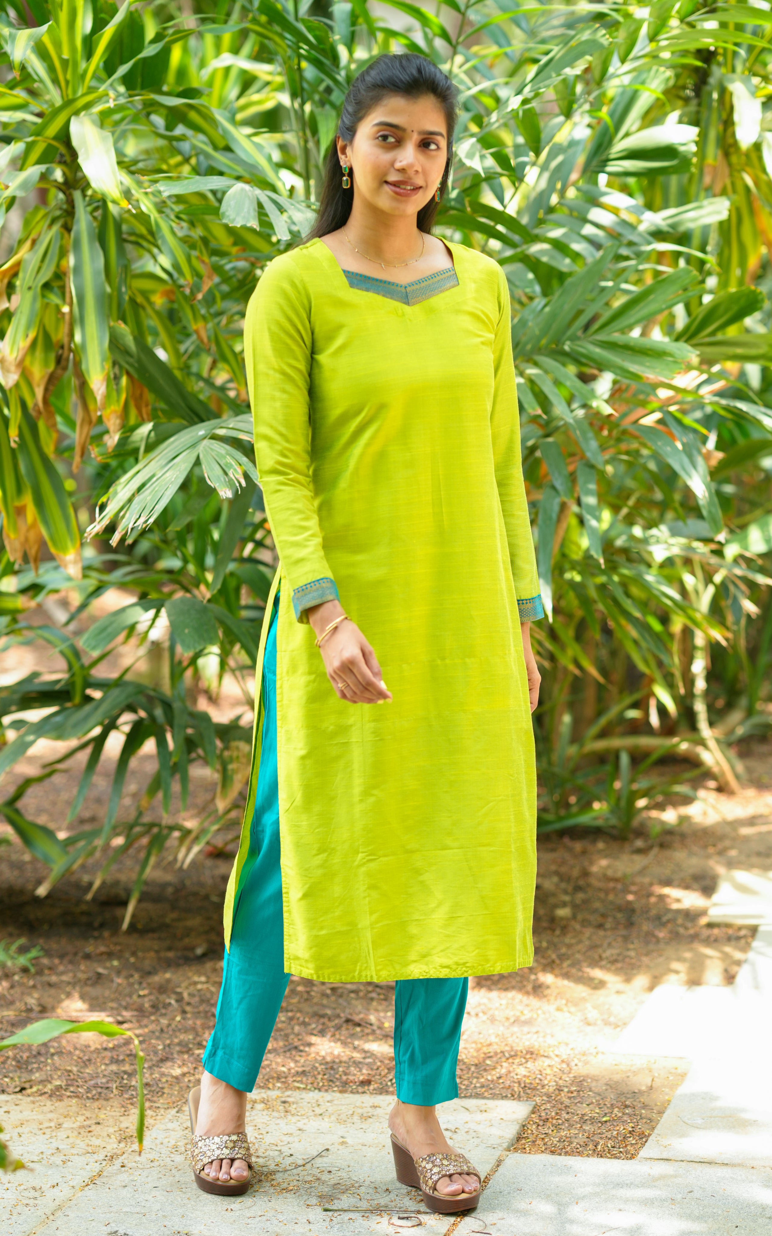 Elegant parrot green straight kurti for women