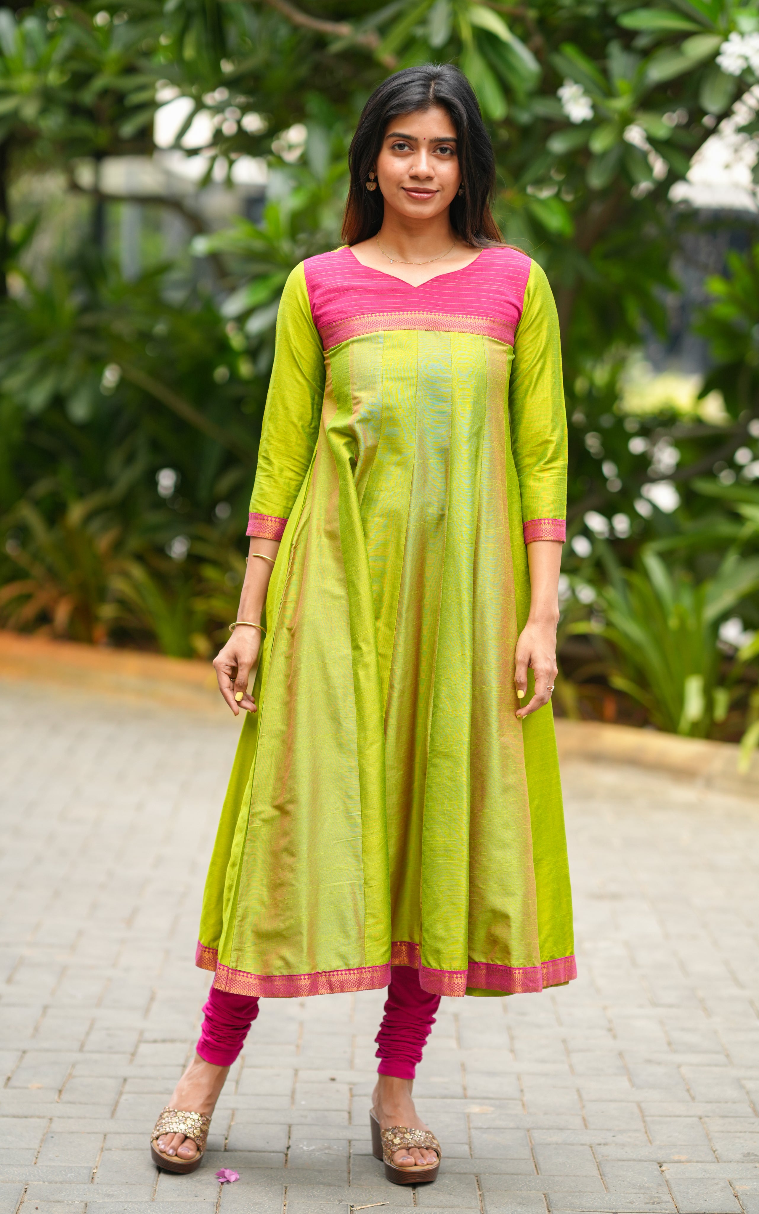 Parrot green silk cotton Anarkali kurti for women