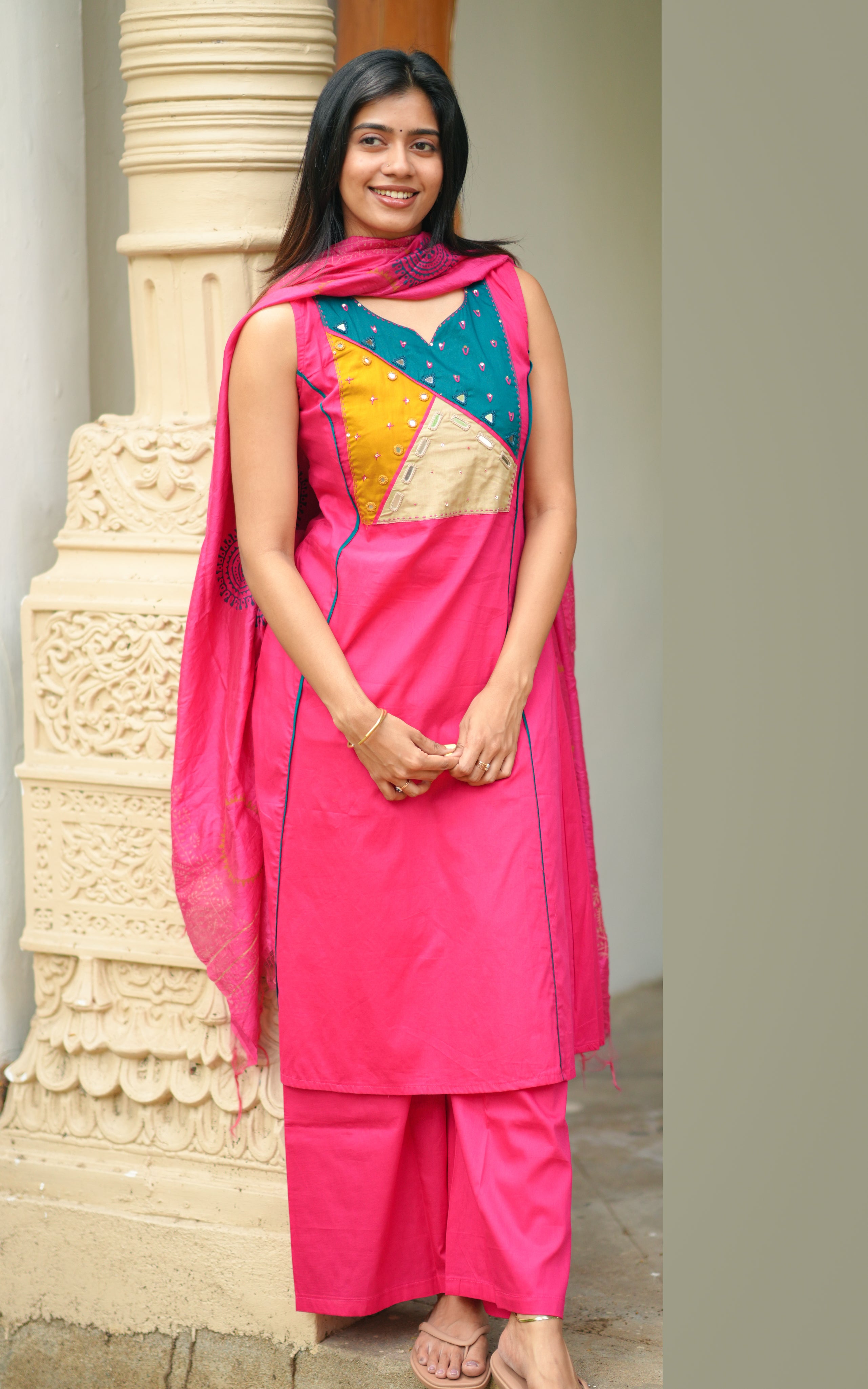 Instore - Pink Color South Cotton, Aline Kurti, Palazzo Pant with One Side Pocket, Handblock Printed Art Silk Dupatta, No Lining