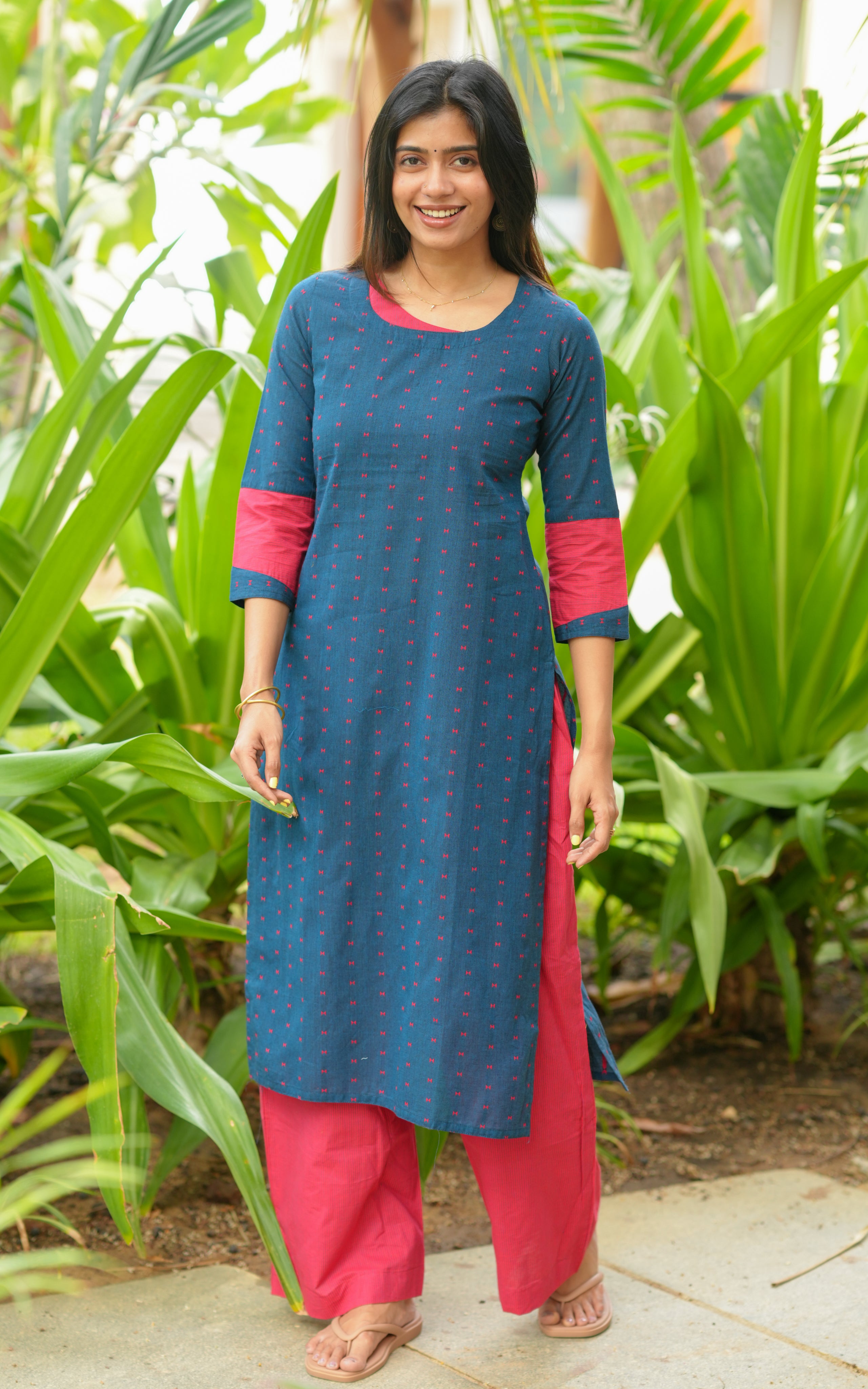 Instore - Deep Teal South Cotton Straight Cut Kurti with Side Slit, Palazzo Pant with Side Pocket, No Lining