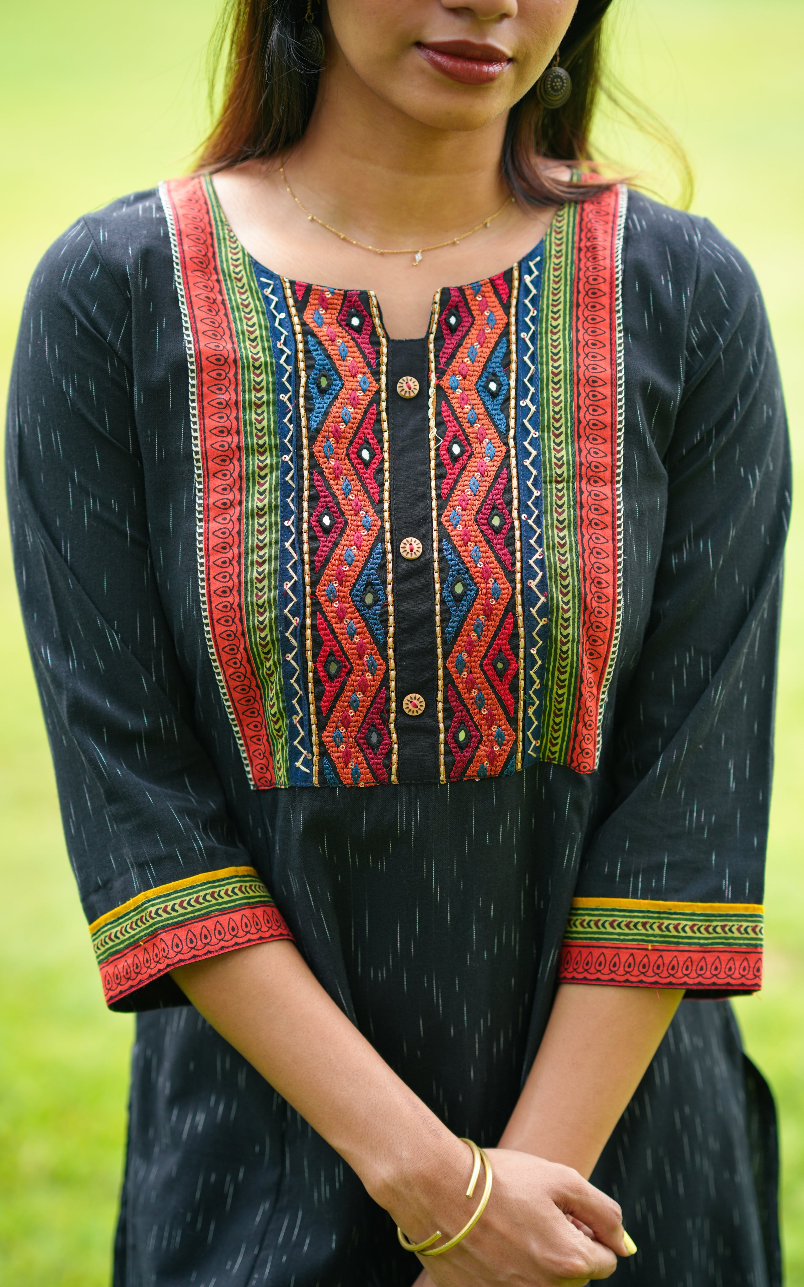 Ikkat cotton kurti with printed yoke for women