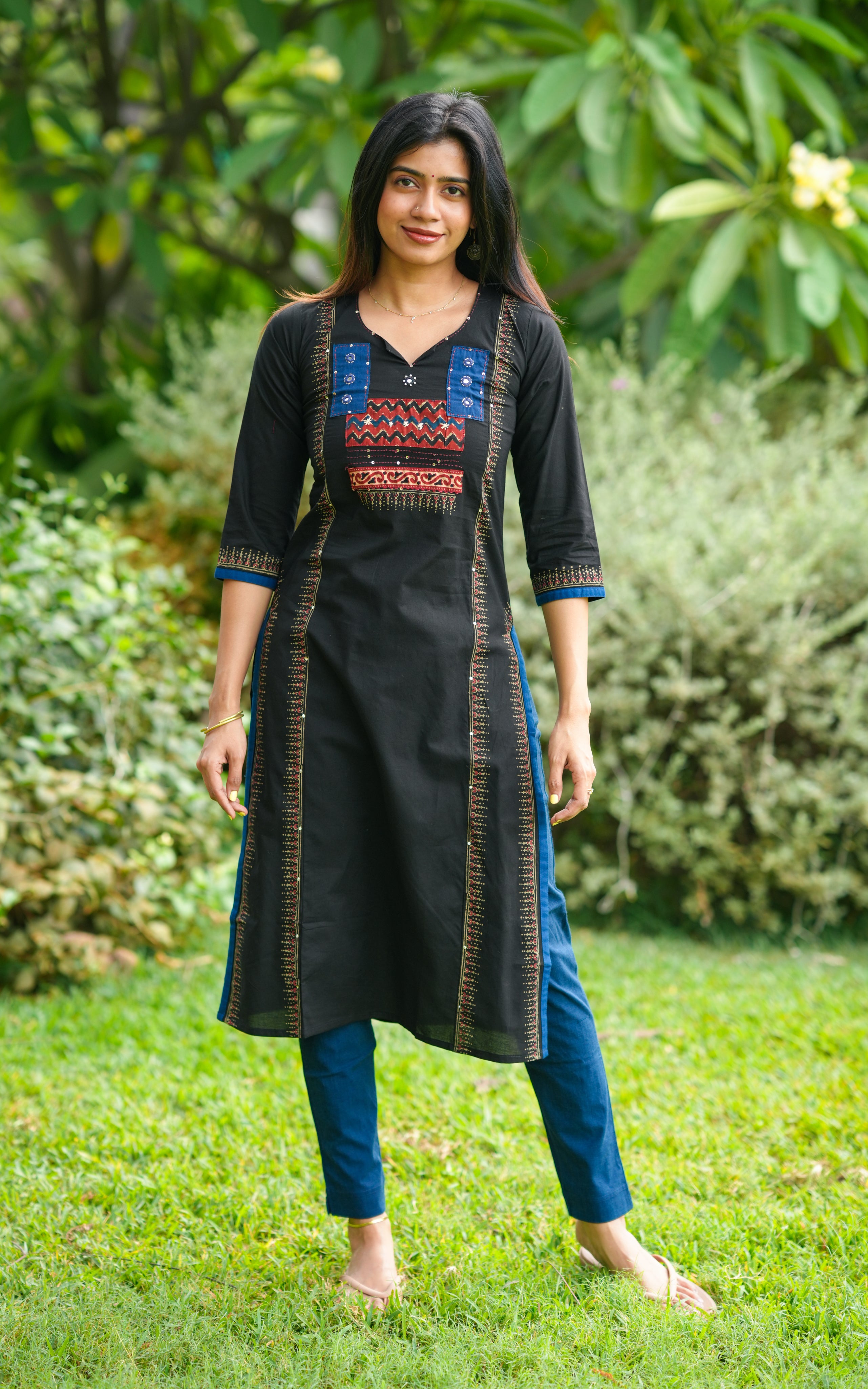 Black handblock cotton kurti for women