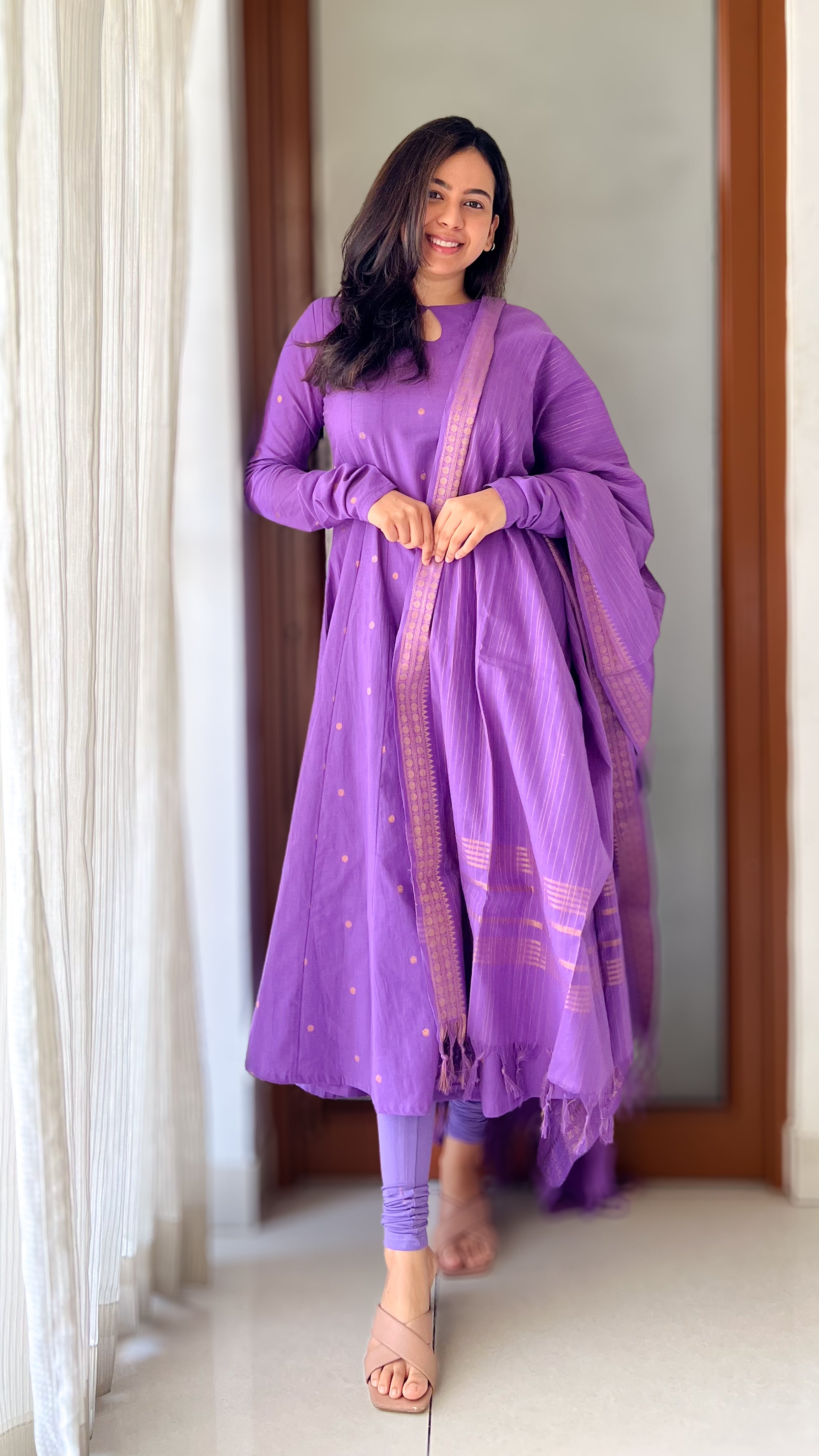 Instore - Violet Color South Cotton Anarkali Kurti with Dupatta, Gathered Sleeves

