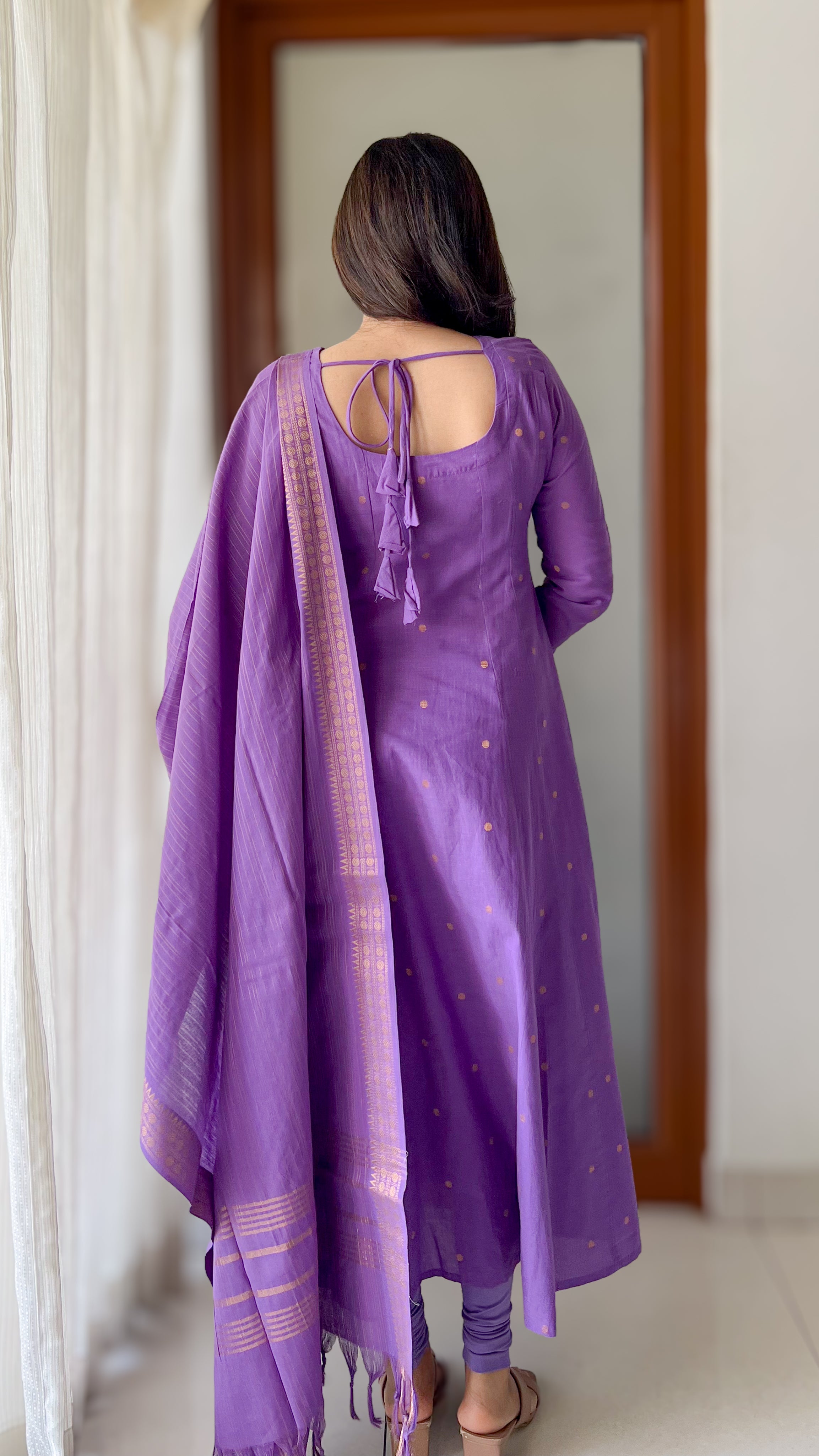Instore - Violet Color South Cotton Anarkali Kurti with Dupatta, Gathered Sleeves


