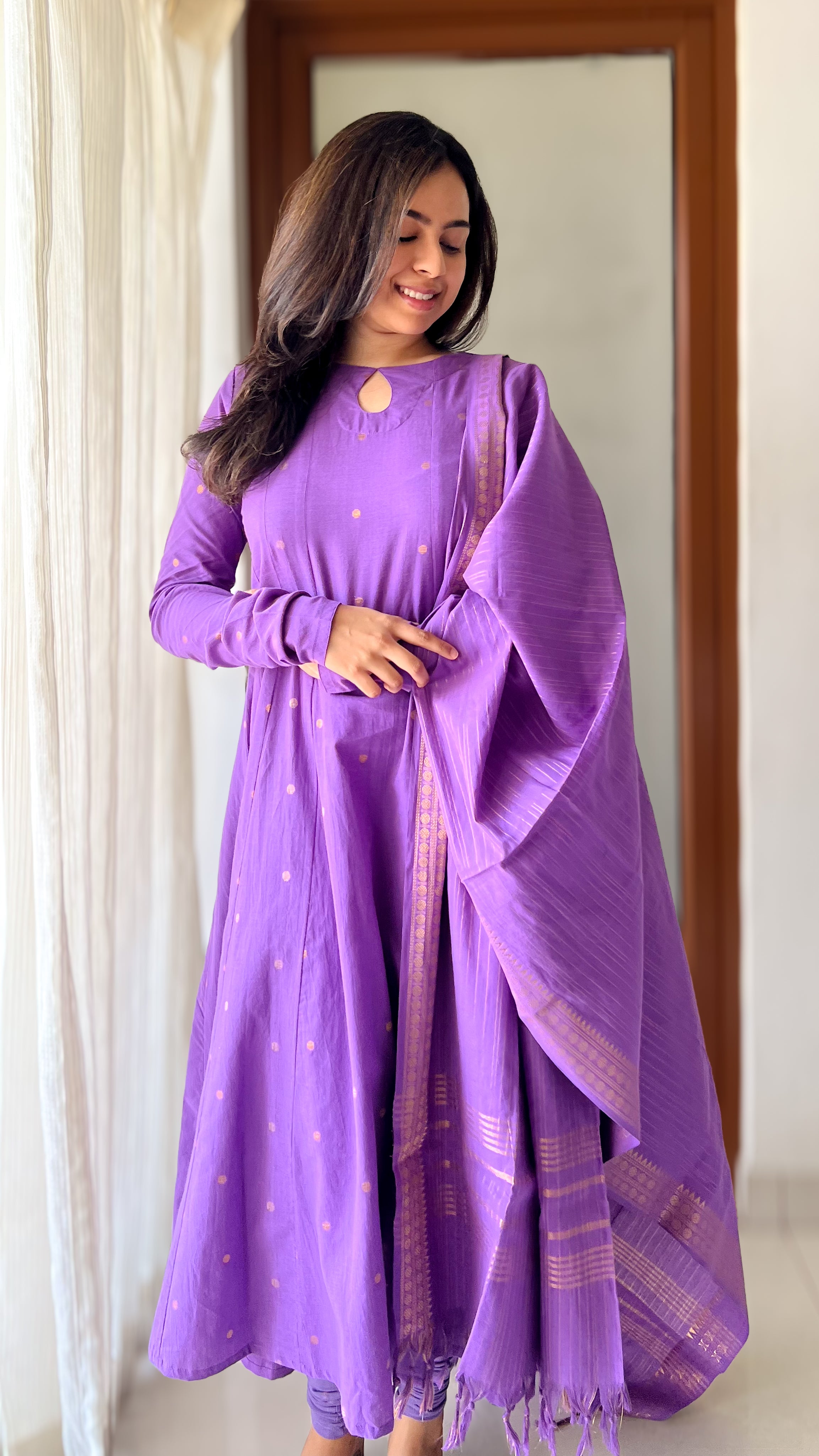 Instore - Violet Color South Cotton Anarkali Kurti with Dupatta, Gathered Sleeves

