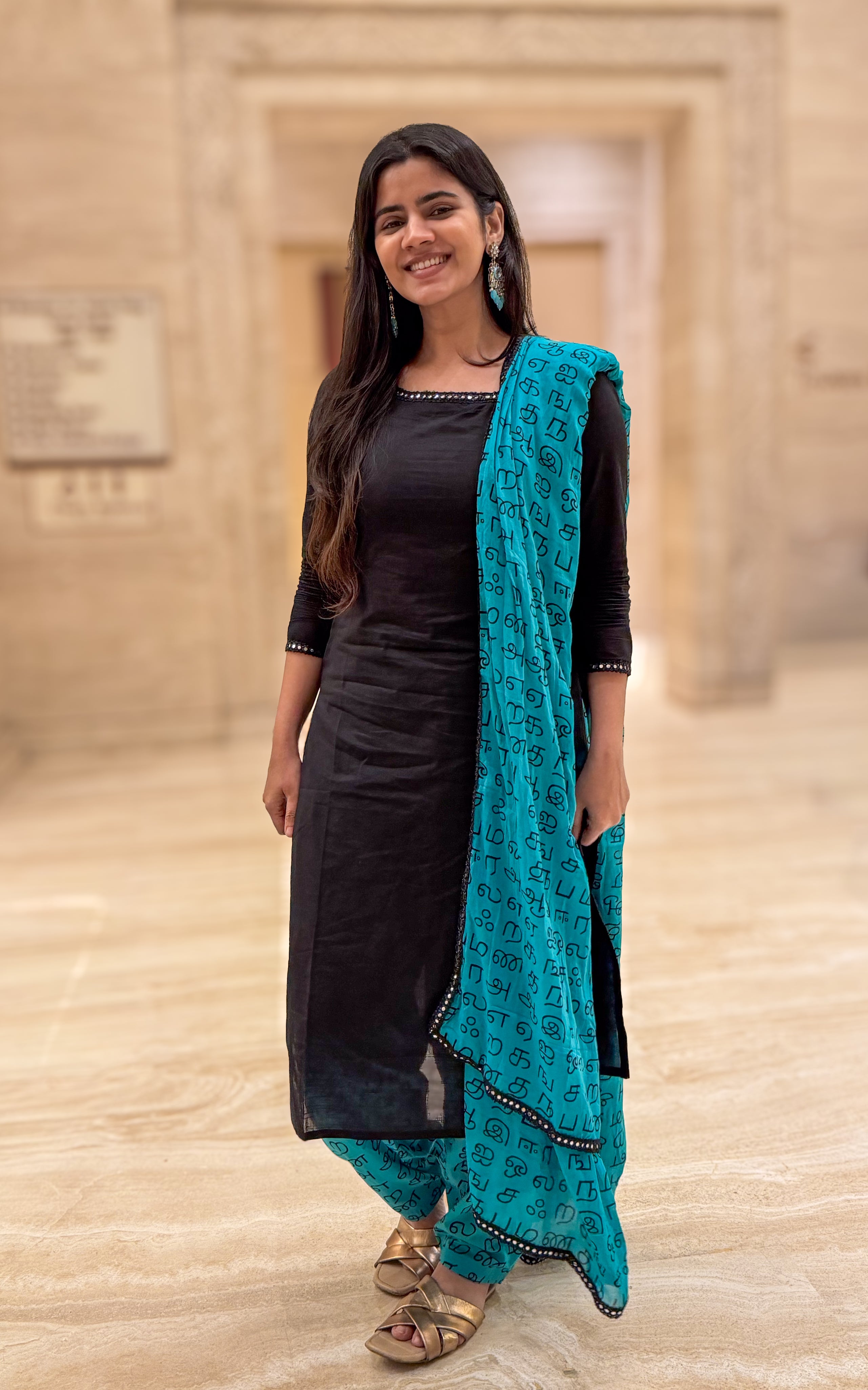 Instore - Black Cotton Straight Cut Kurti 45 Inch with Side Slit & One Side Pocket Pant

