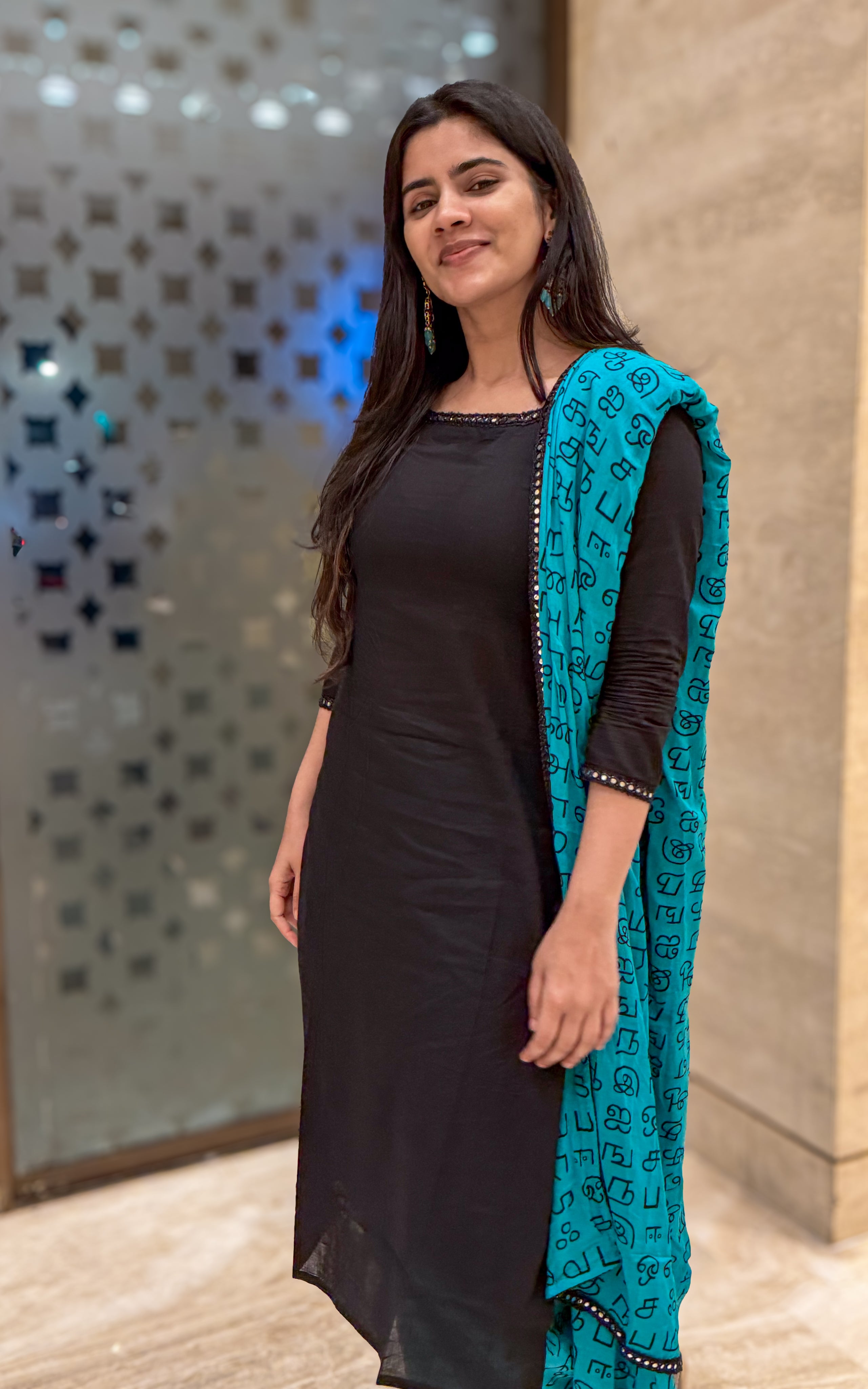 Instore - Tamil Letter Printed Cotton Dupatta with Black Straight Cut Kurti & Pant
