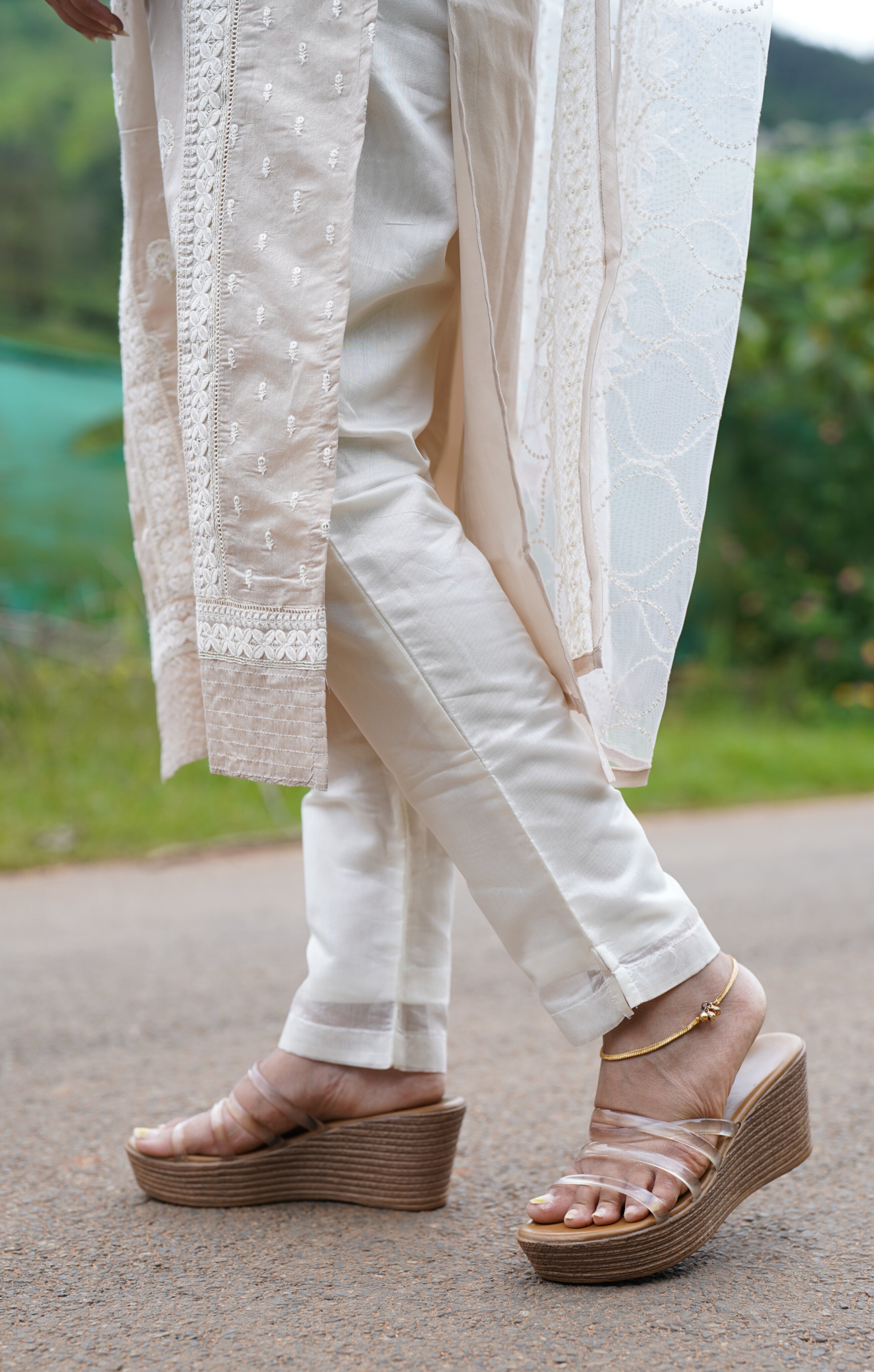 kurti pants and dupatta in beige and white 