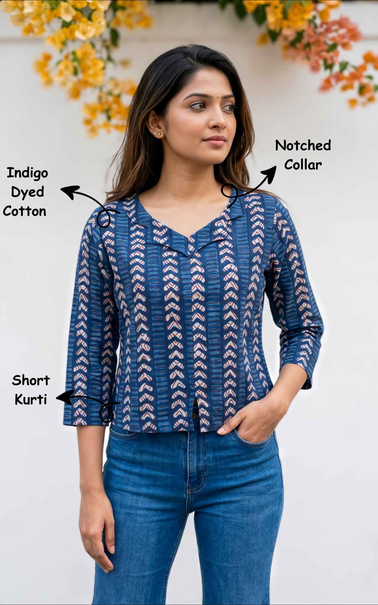Instore - Indigo Dyed Cotton Printed Notched Collar Short Kurti, No Lining