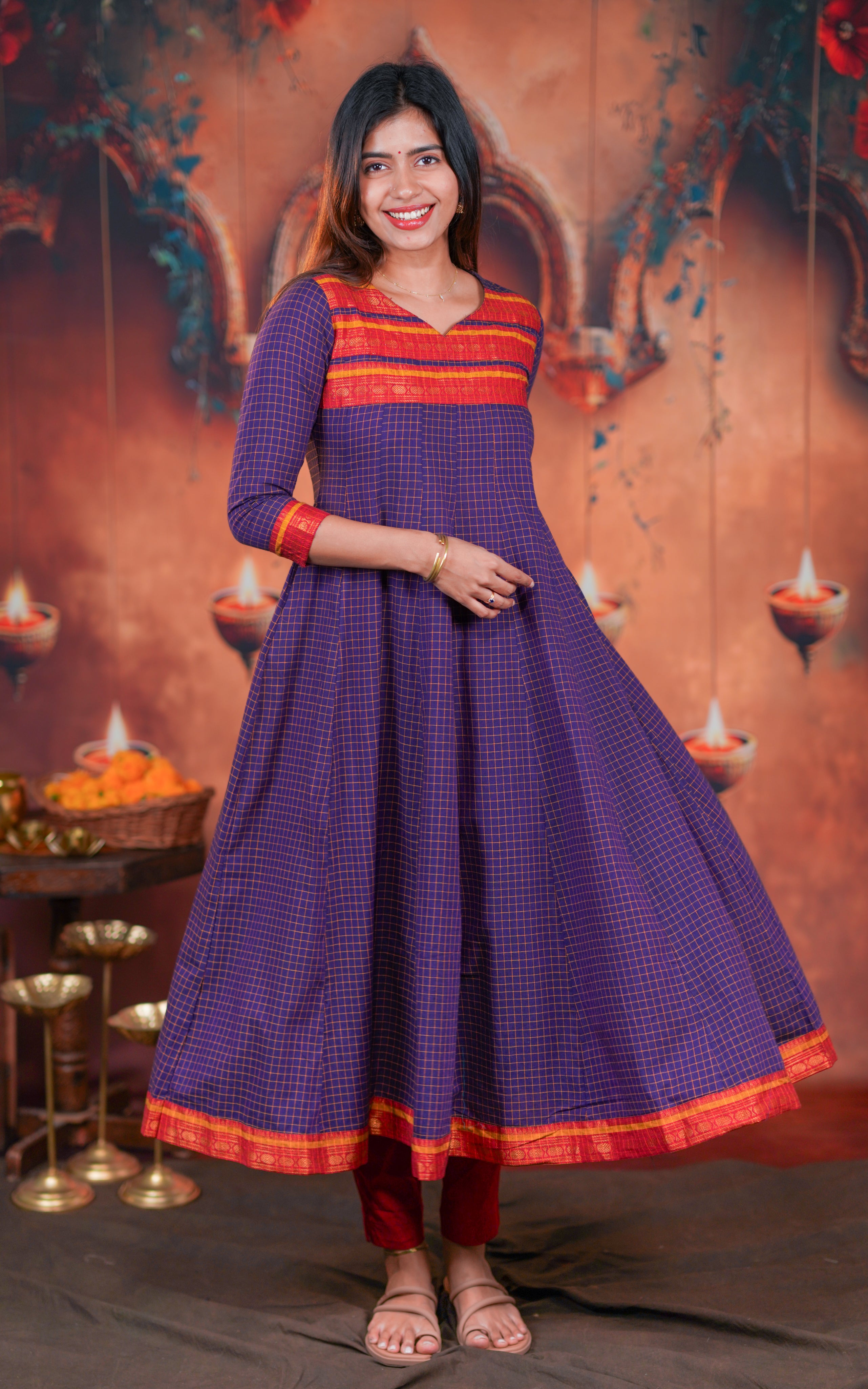 Purple checked cotton Anarkali dress designed with a premium soft-touch fabric