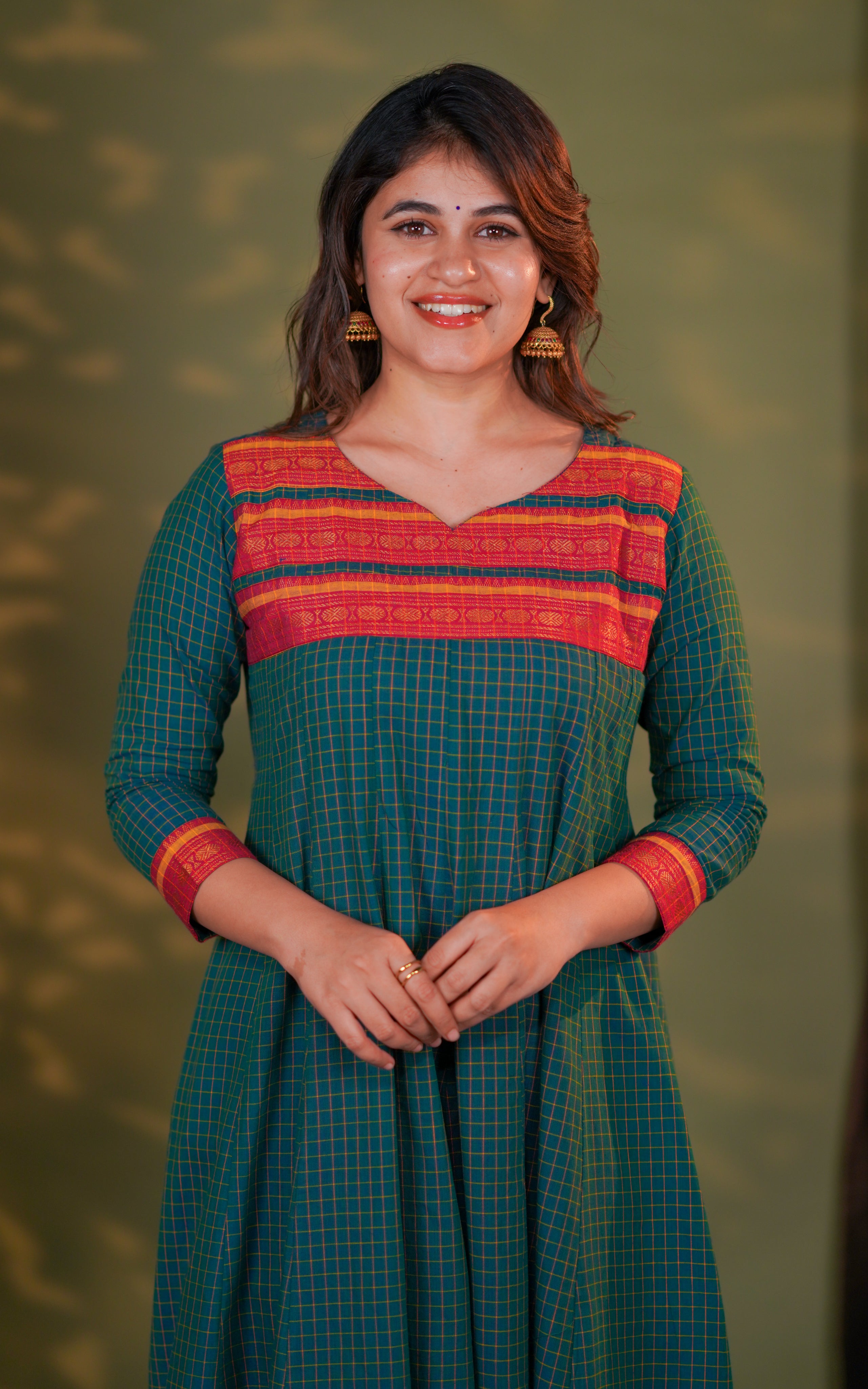 yoke has bold contrast stripes that add a festive touch to the outfit