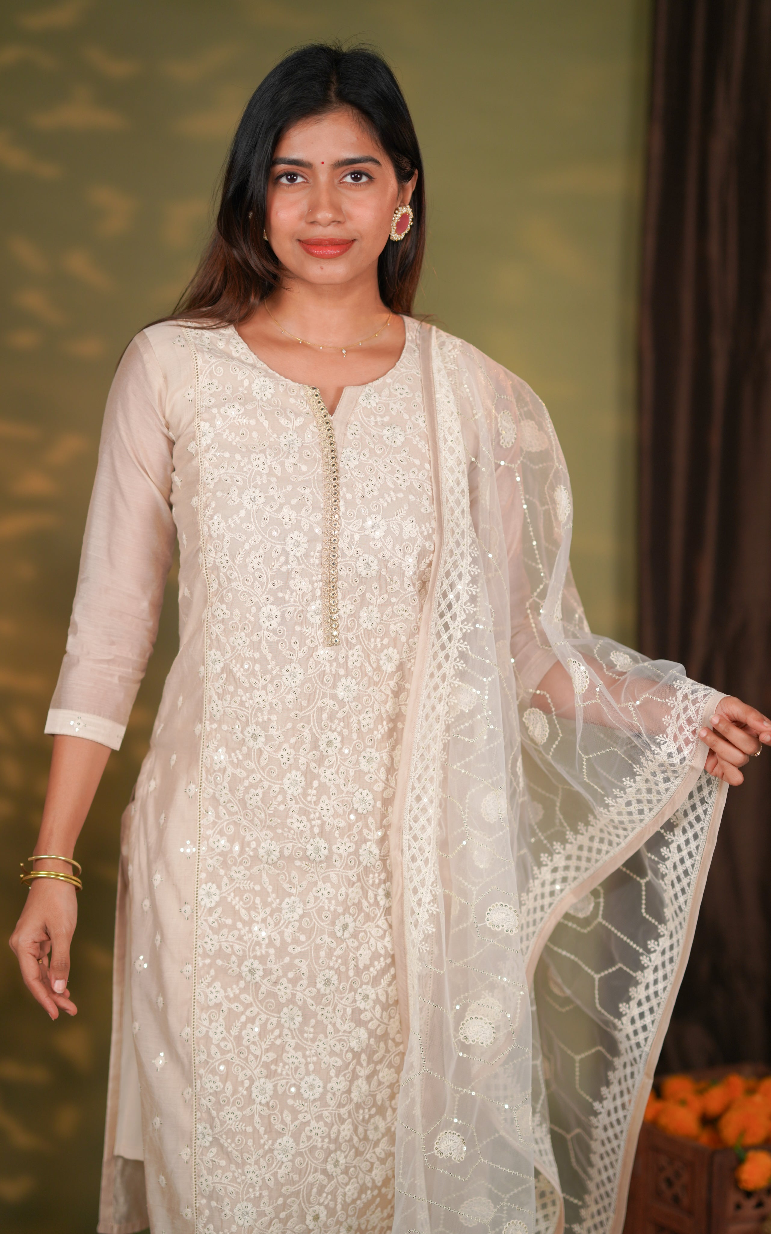 Chanderi straight cut kurti sets