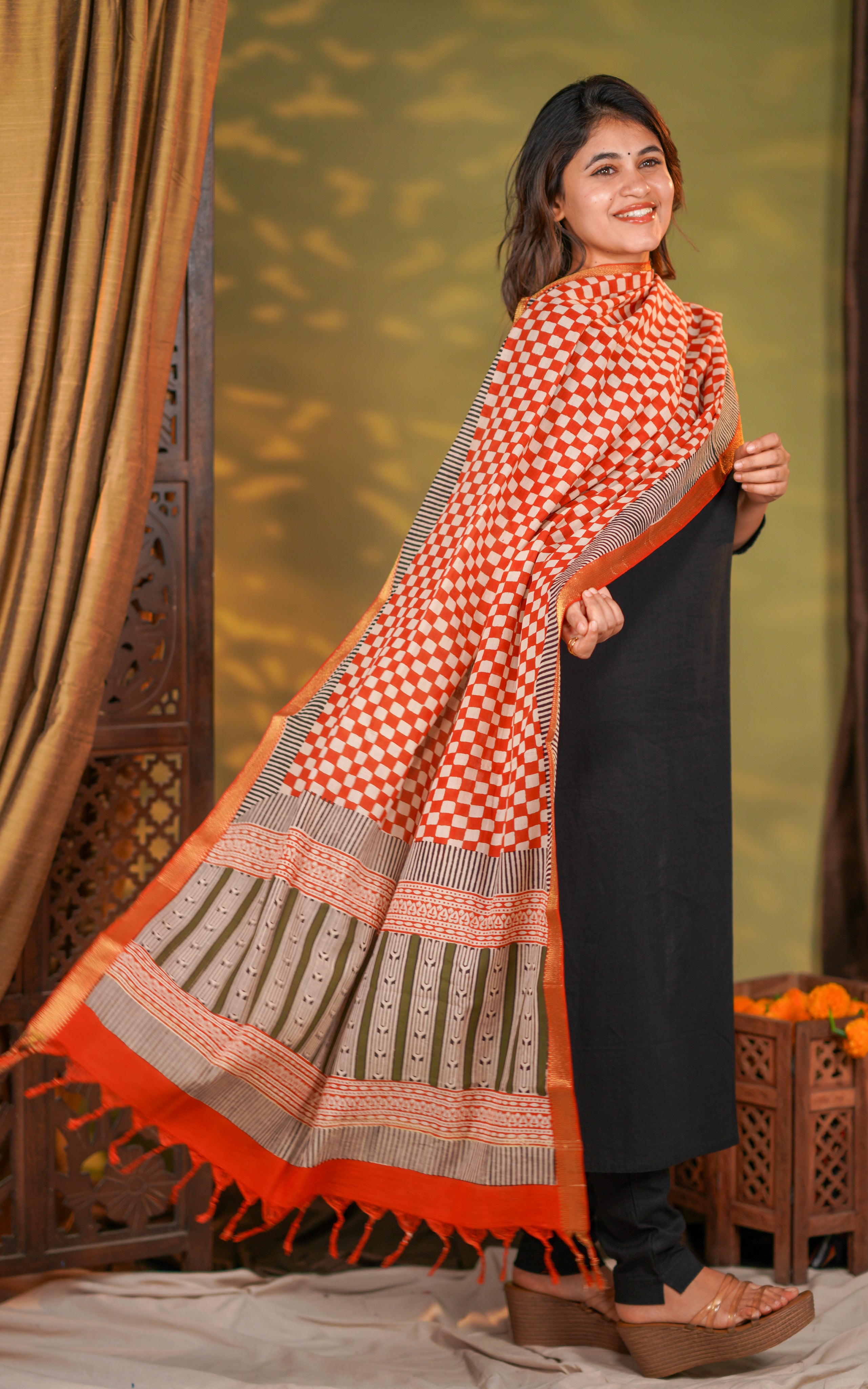 Instore – Earthy Tones Handblock Mangalagiri Dupatta for Women – Cotton – Zari Border – Ethnic Wear