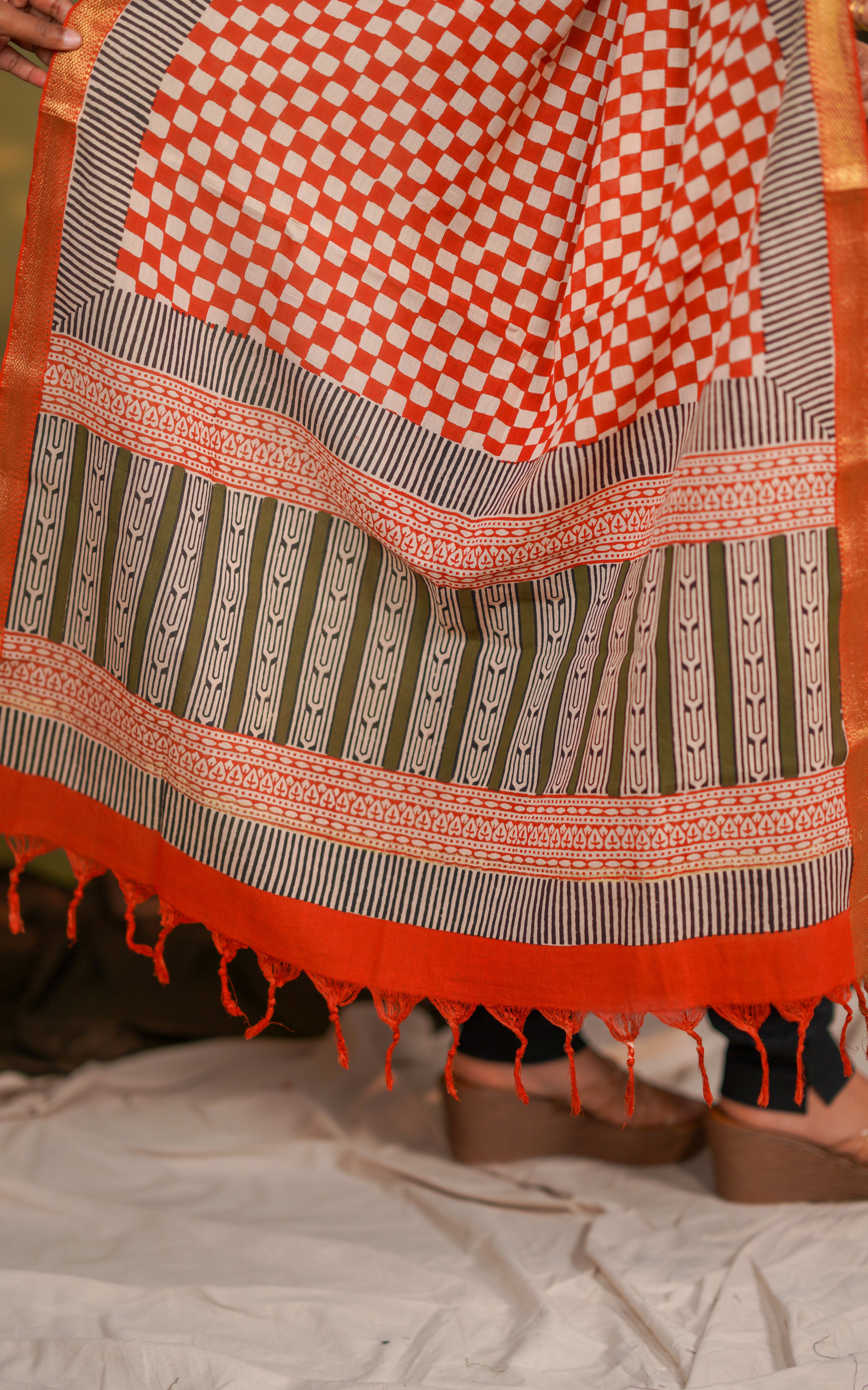 Instore – Earthy Tones Handblock Mangalagiri Dupatta for Women – Cotton – Zari Border – Ethnic Wear
