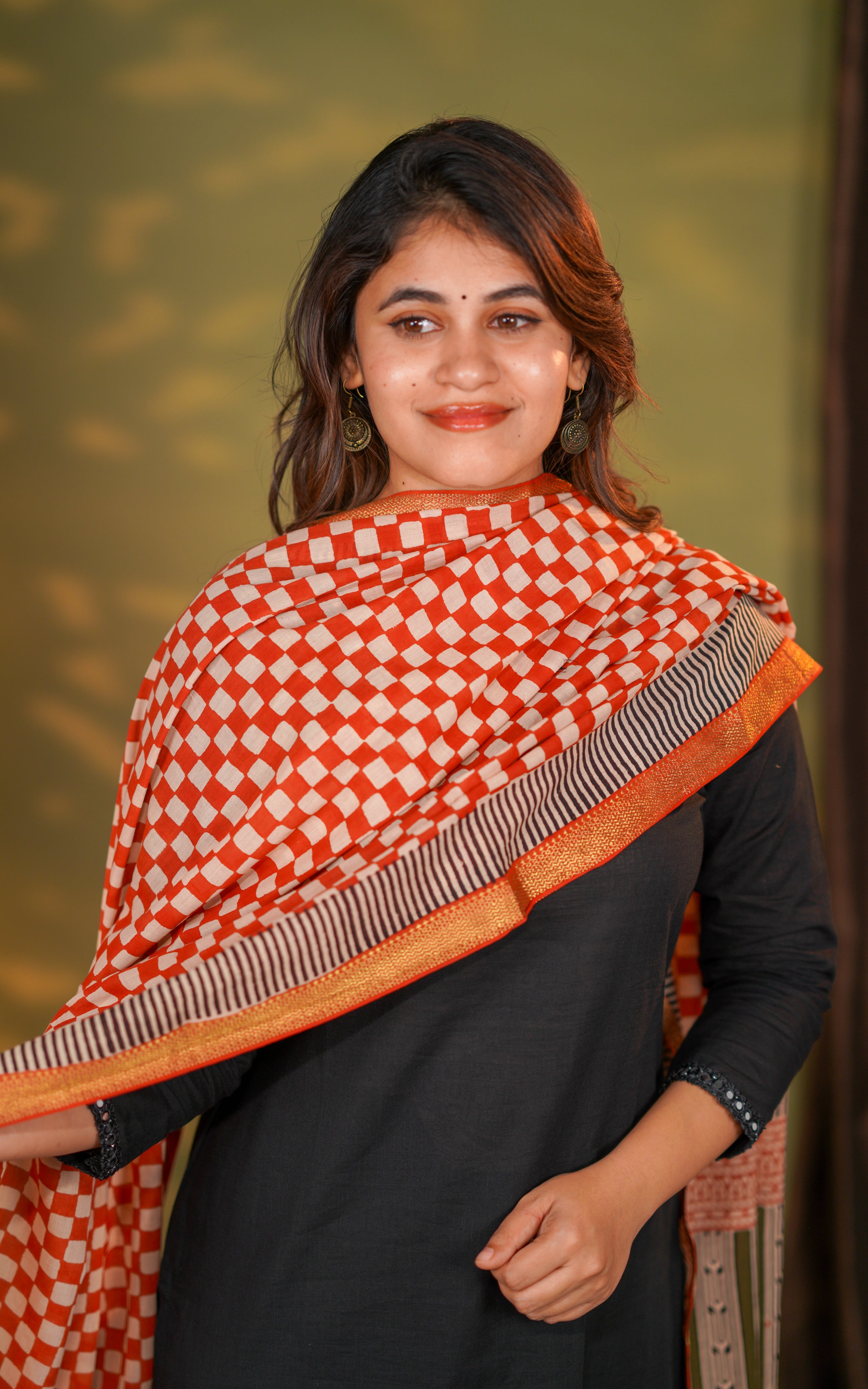 Instore – Earthy Tones Handblock Mangalagiri Dupatta for Women – Cotton – Zari Border – Ethnic Wear