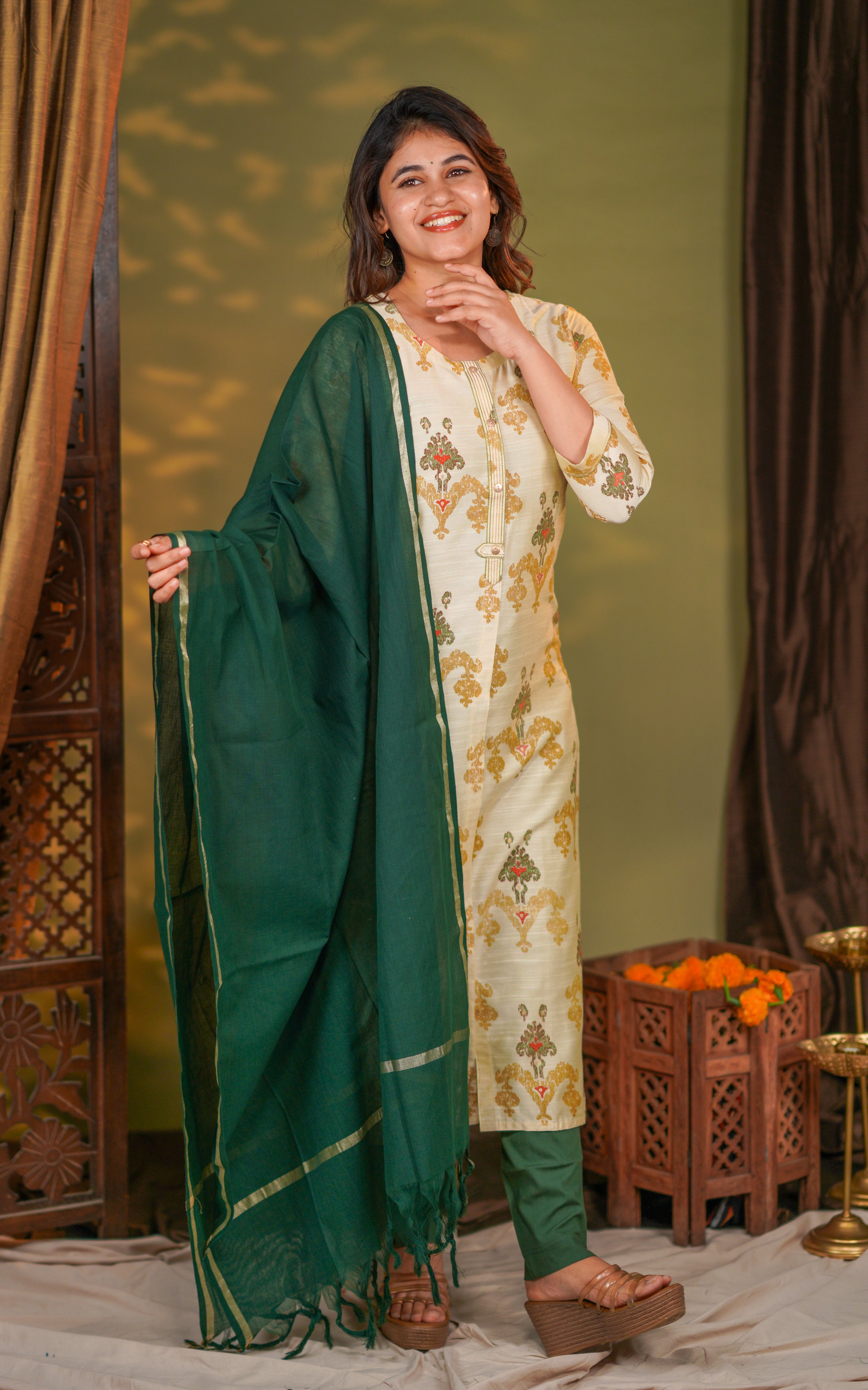 Instore – Beige & Green Yaazhini Kurti with Dupatta for Women – Silk Cotton – Festive Ethnic Wear
