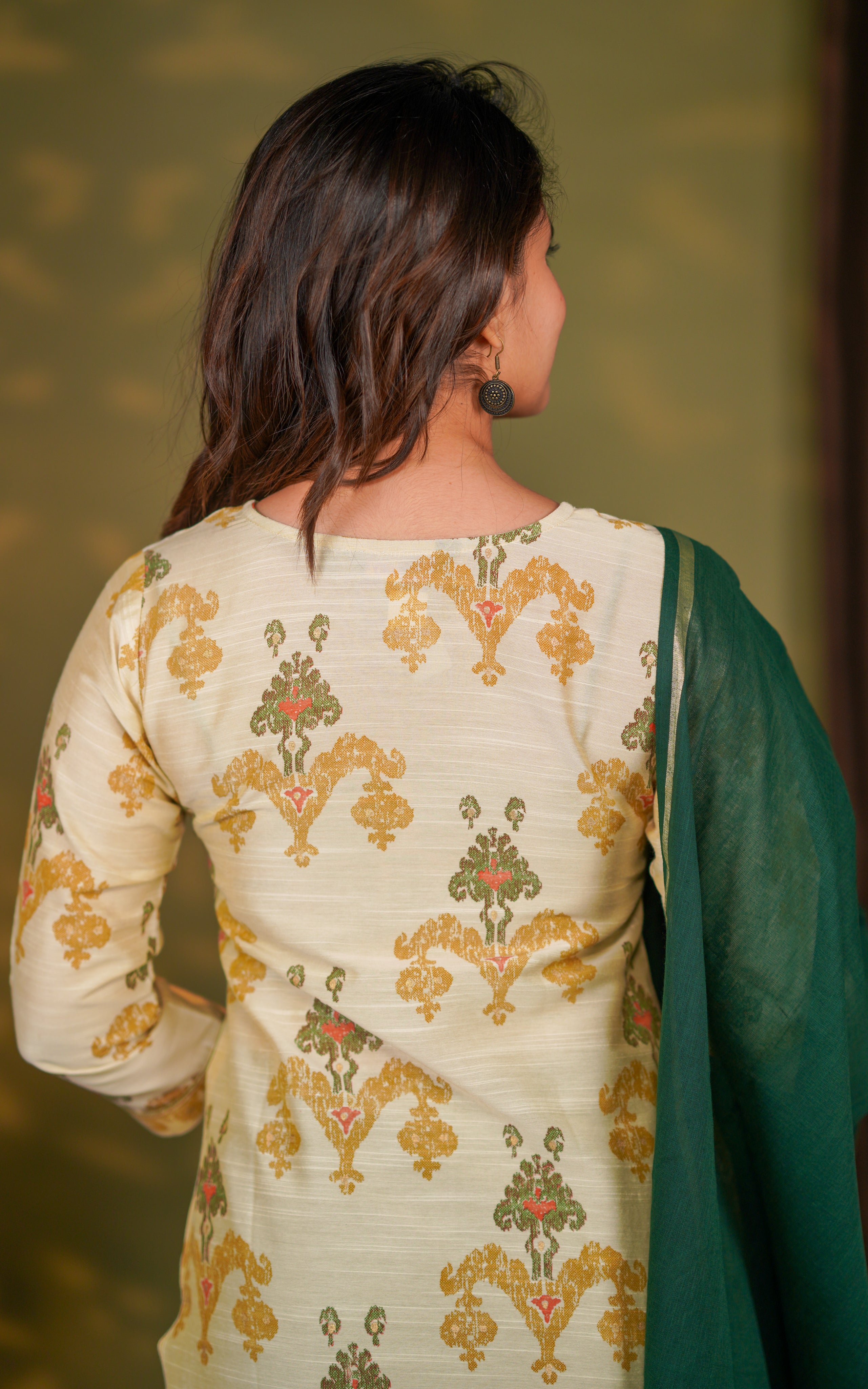 Instore – Beige & Green Yaazhini Kurti with Dupatta for Women – Silk Cotton – Festive Ethnic Wear