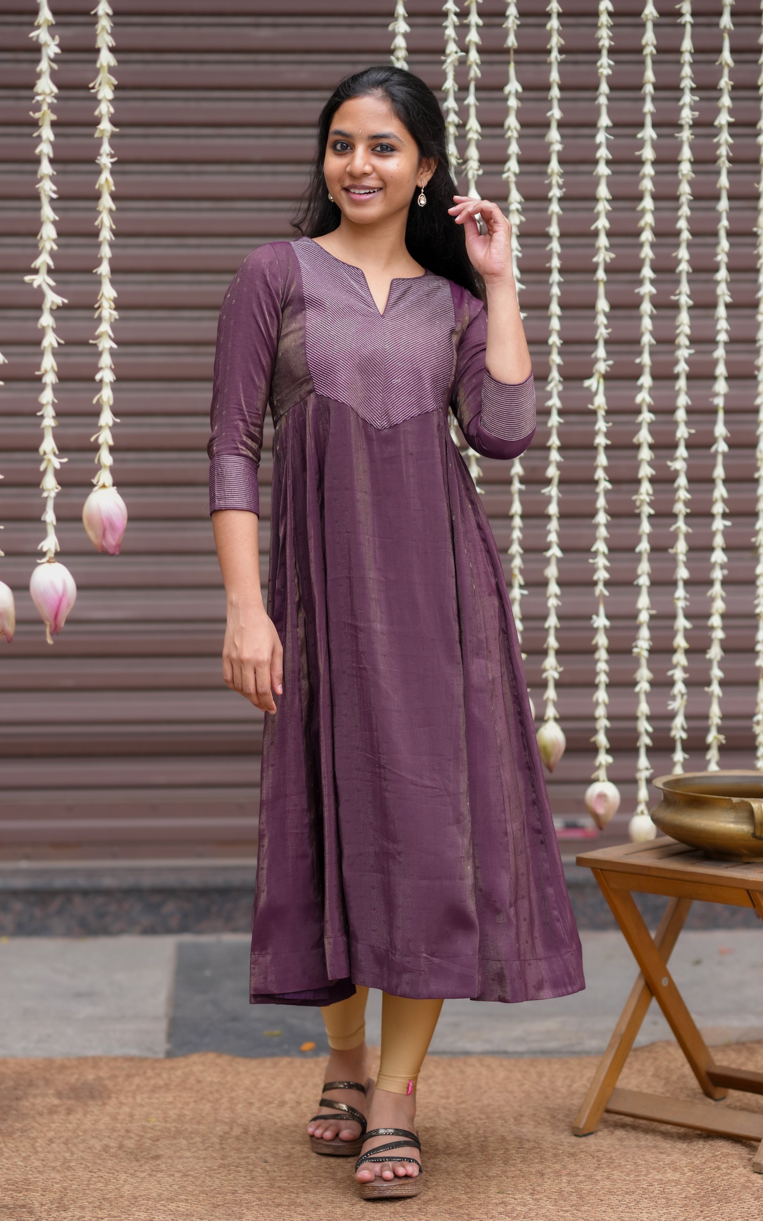 Instore - Plum Silk Cotton Full Flared Anarkali Kurti, Festive Ethnic Wear
