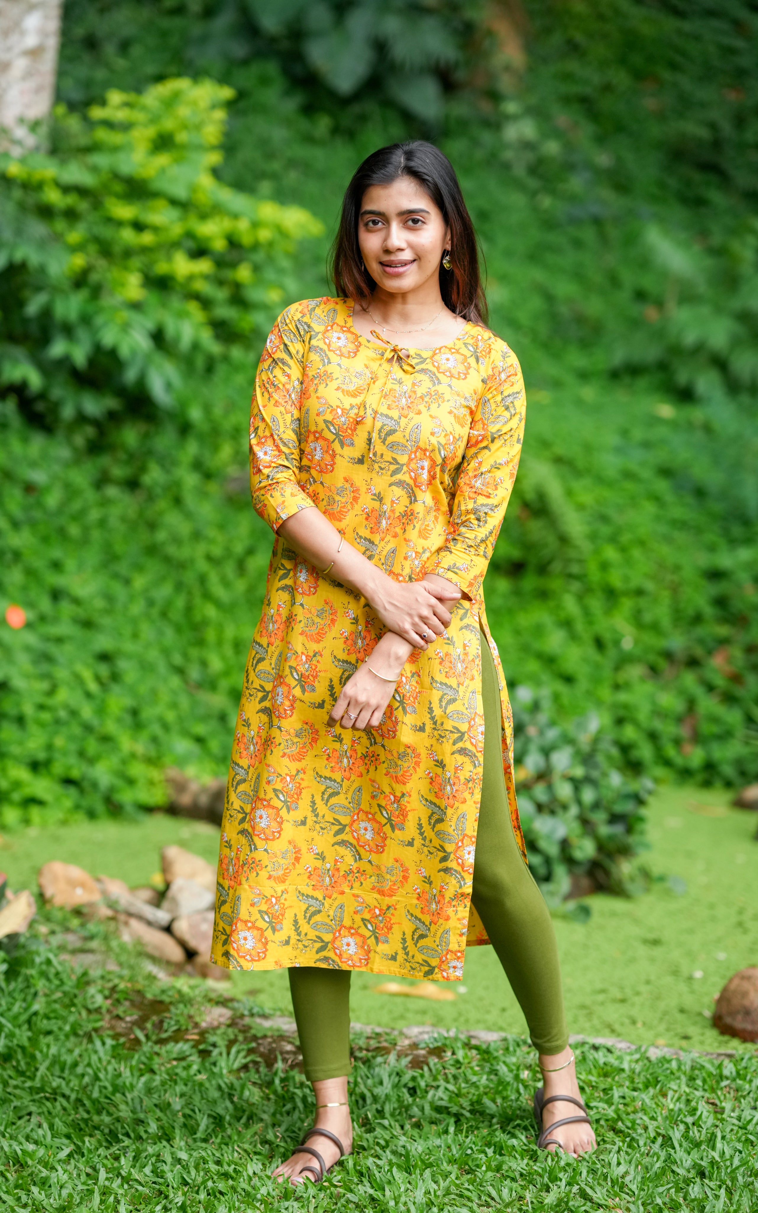 Instore – Vahini Yellow Cotton Handblock Printed Straight Cut Kurti with Side Slit and Cotton Dupatta – Women's Ethnic Wear