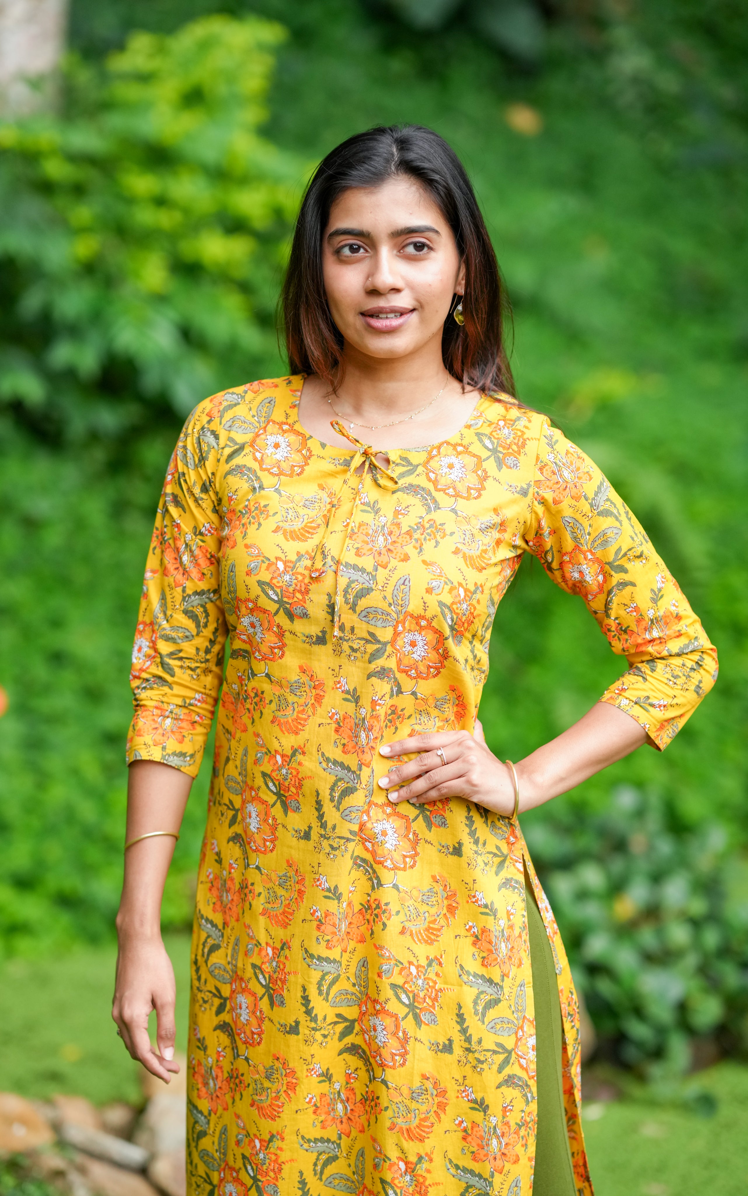 Instore – Vahini Yellow Cotton Handblock Printed Straight Cut Kurti with Side Slit and Cotton Dupatta – Women's Ethnic Wear
