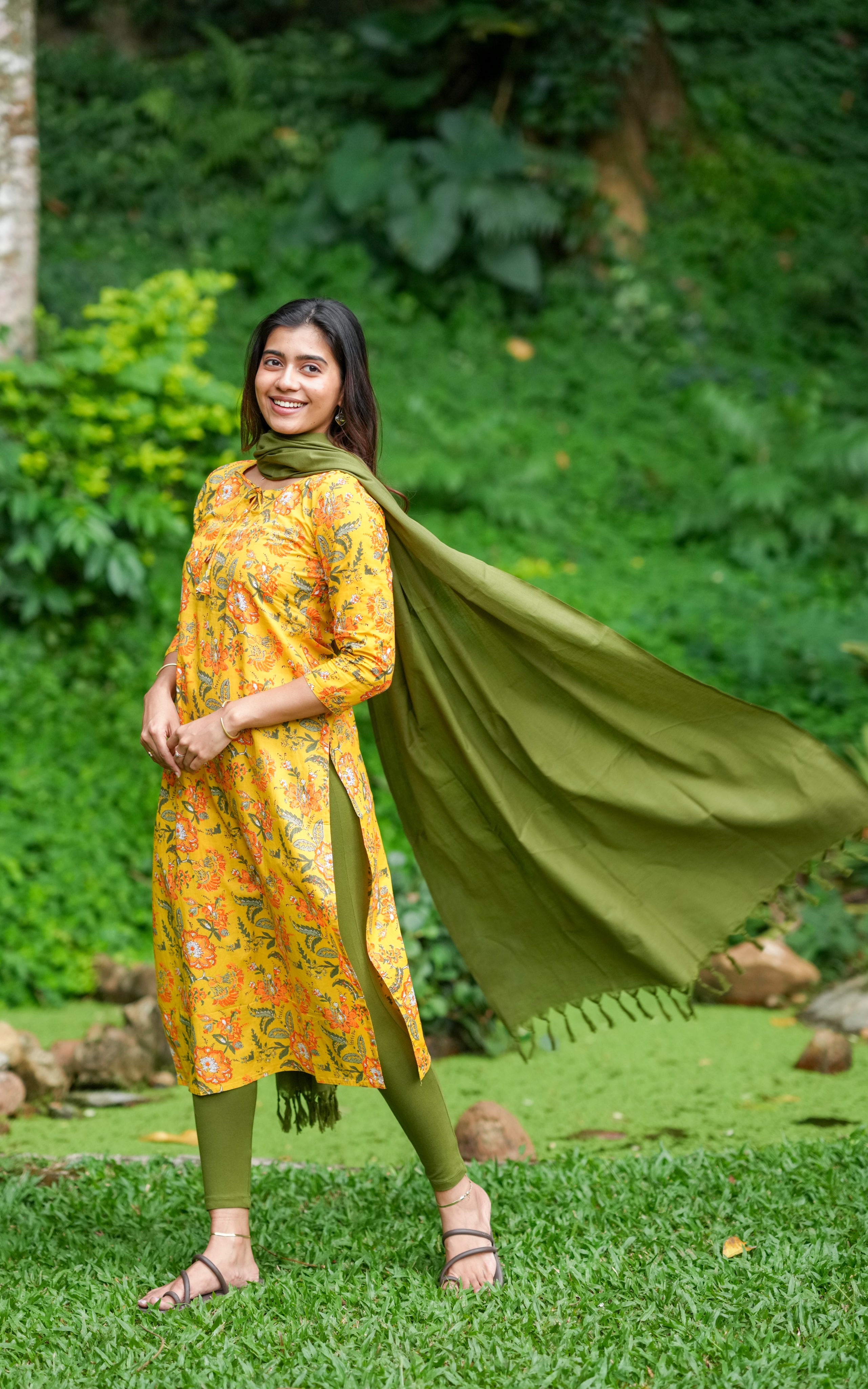 Instore – Vahini Yellow Cotton Handblock Printed Straight Cut Kurti with Side Slit and Cotton Dupatta – Women's Ethnic Wear