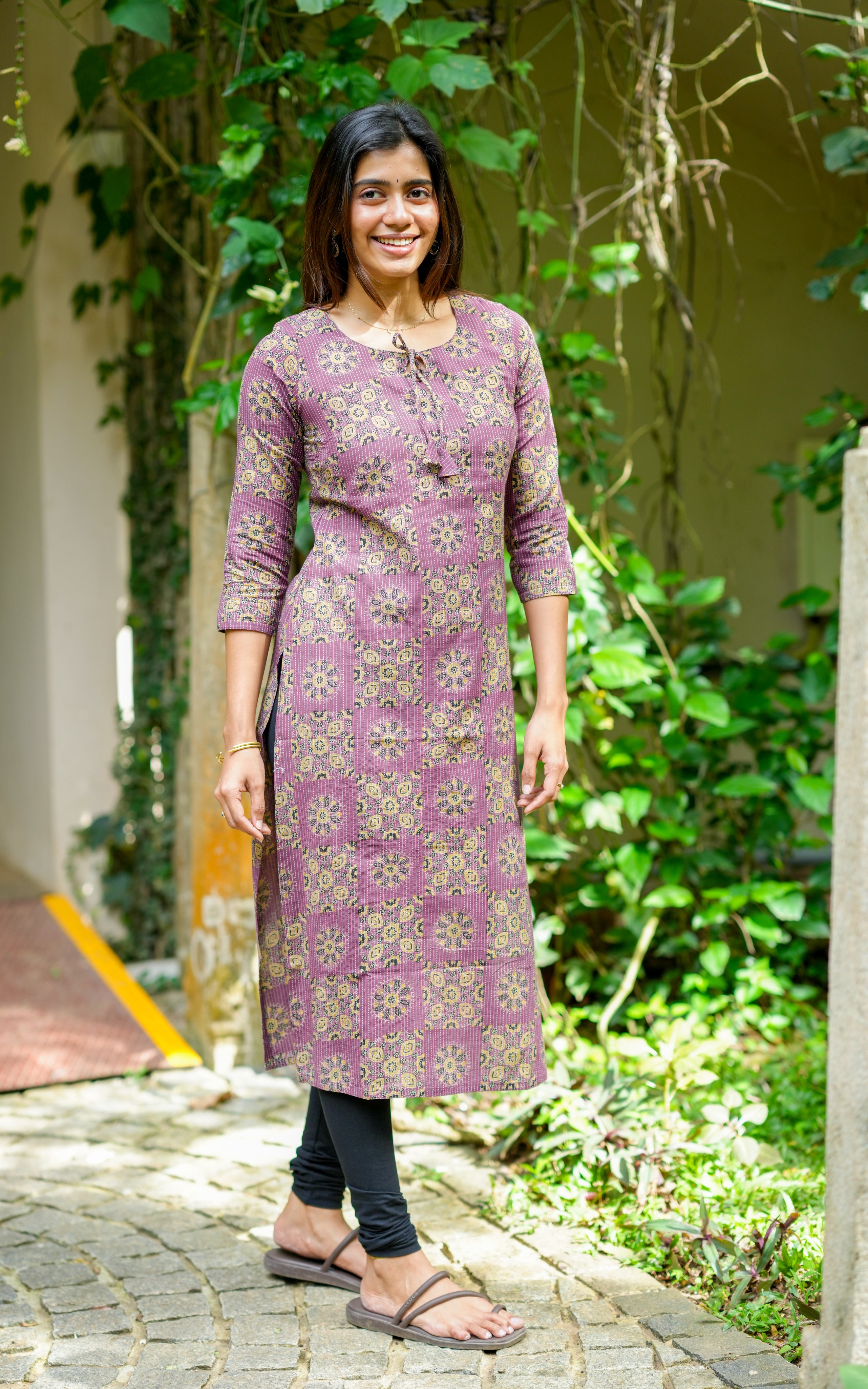  Instore – Varthini Plum Cotton Handblock Printed Straight Cut Kurti with Side Slit – Women's Ethnic Wear