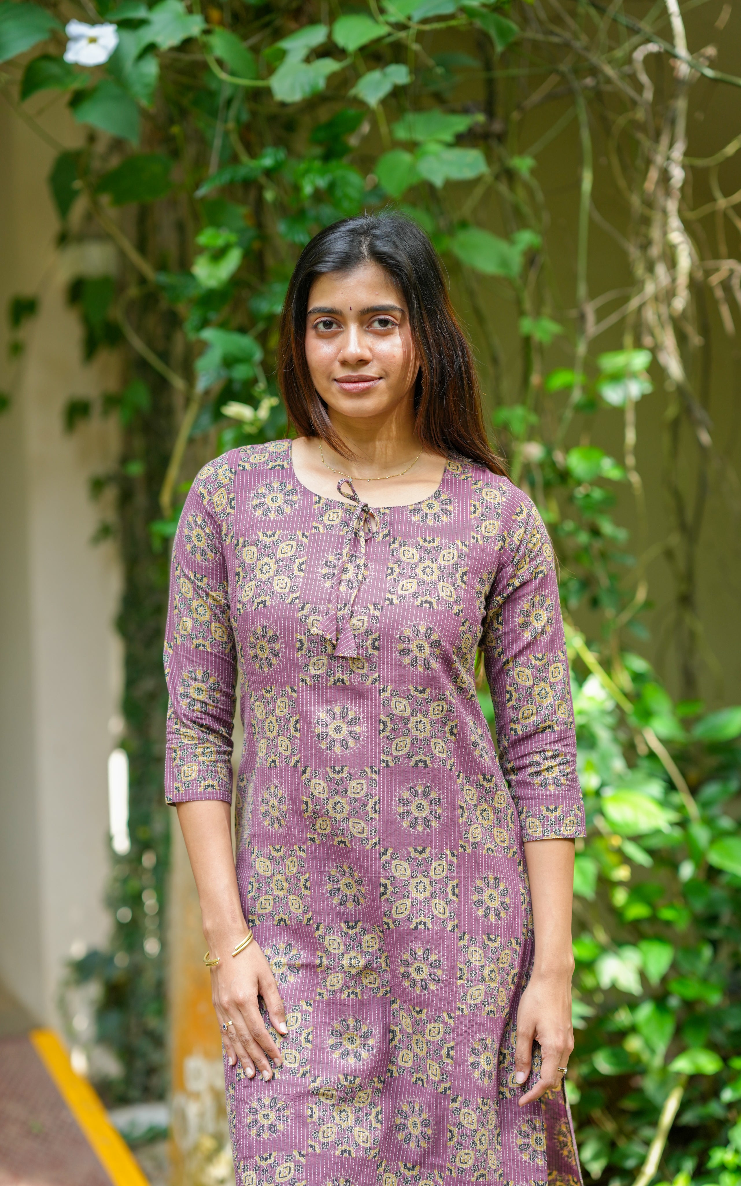  Instore – Varthini Plum Cotton Handblock Printed Straight Cut Kurti with Side Slit – Women's Ethnic Wear